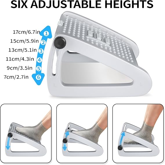 Foot Rest Under Desk, Ergonomic Foot Stool at Work with 6 Adjustable Heights and Massage Function, Comfortable Under Desk Foot Rest for Pressure Relief, Footstool for Office, Home (Grey)
