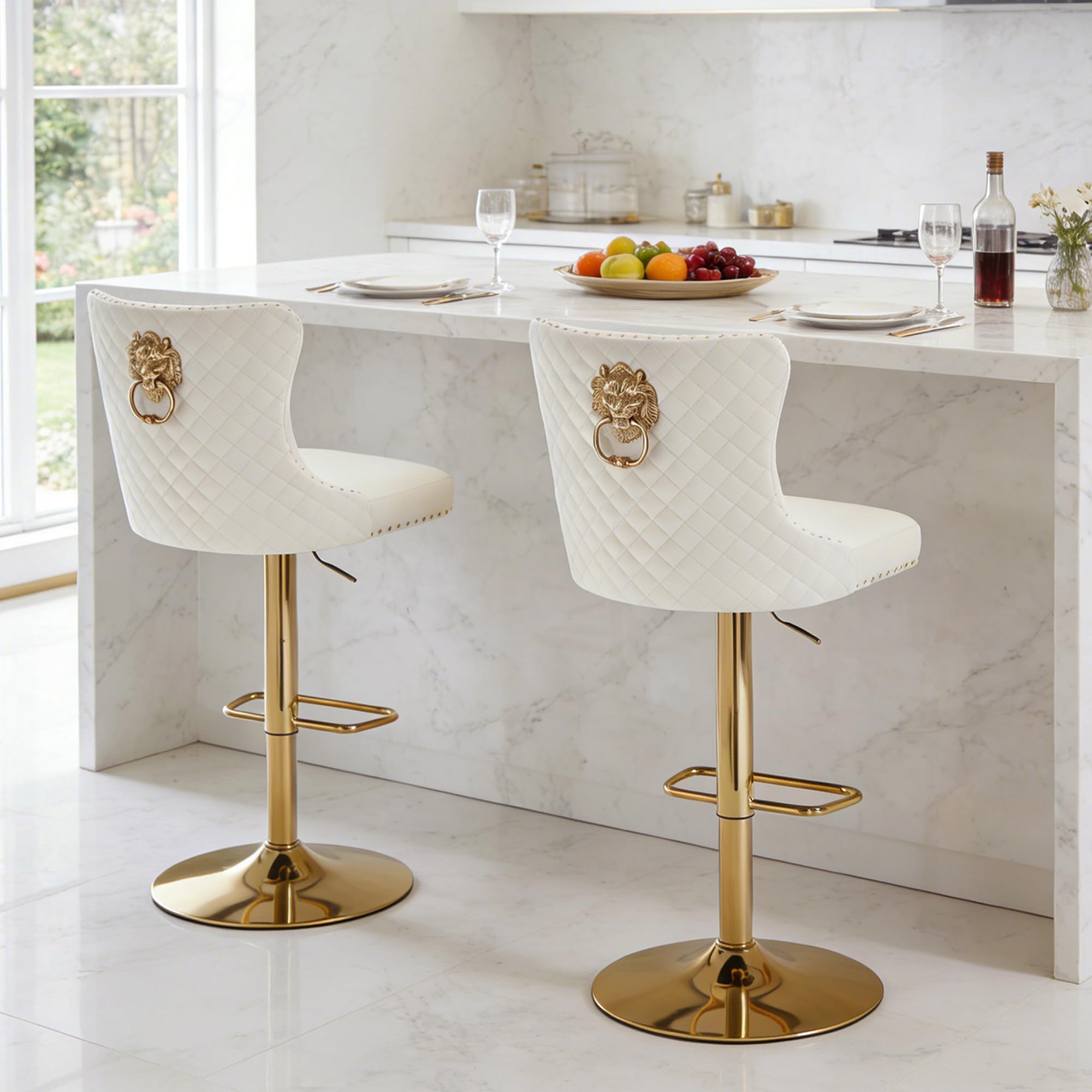 Relbiety Gold Barstools Set of 2,Velvet Bar Height Stools with Lion Pull Ring,Upholstered Swivel Counter Height Stools with High Tufted Back,Modern