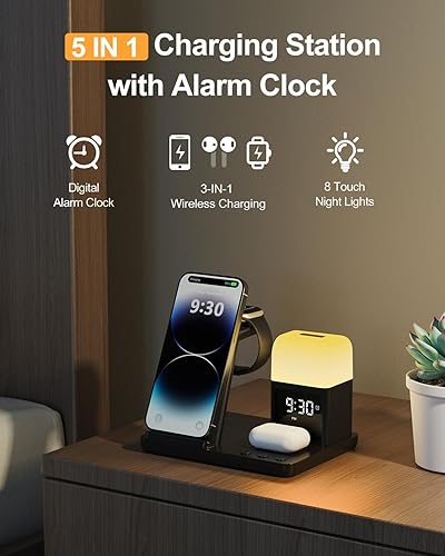 Miniatura 2 de Estación de carga inalámbrica Reloj despertador con 8 luces nocturnas táctiles: soporte de cargador 5 en 1 para dispositivos Apple - Base de carga