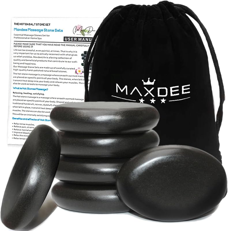 Maxdee Piedras de masaje piedras calientes esenciales para masaje, 6 grandes piedras calientes kit de masaje piedras calientes piedras de masaje para spa profesional o doméstico, calentador de pies, relajante, curación, alivio del dolor, 2.4 "* 3.14"