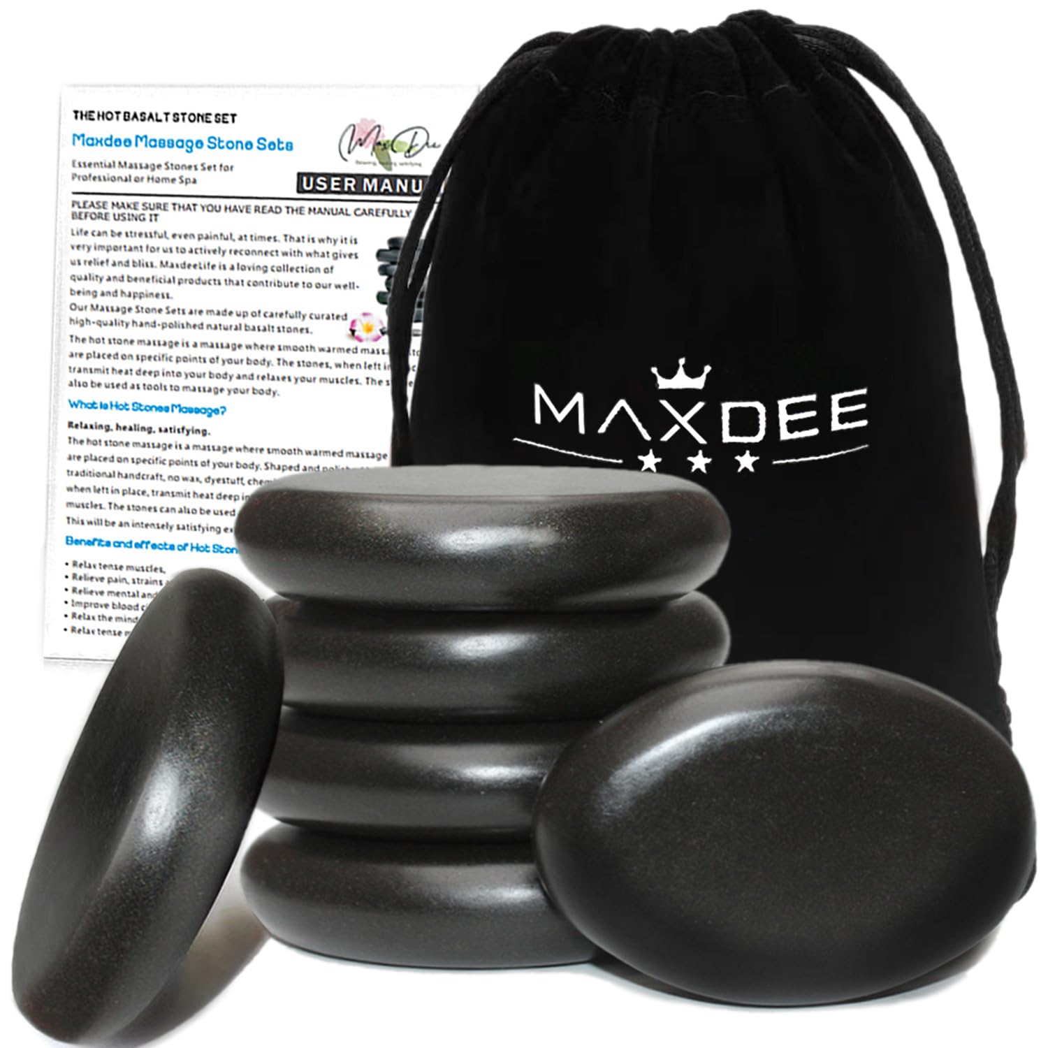 Maxdee Massage Stones Essential Hot Stones for Massage, 6 Large Hot Stones Massage Kit Hot Rocks Massage Stones for Professional or Home Spa, Foot