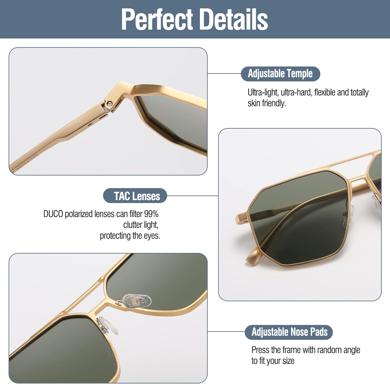 DUCO Polarized Sunglasses Men Women Retro Classic Square Sun Glasses Oversized Vintage Metal Frame Trendy Shades DC3032