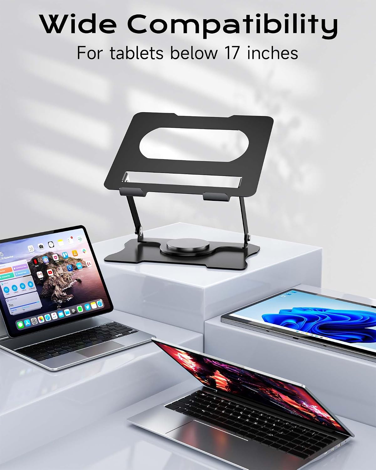 360° Rotatable Adjustable Tablet Laptop Stand, Aluminum Alloy Foldable Desk Holder, Universal Ergonomic Device Mount Fits 4'' to 17 Inch Laptops, Tablets, Heavy Duty Supports Up to 10KG