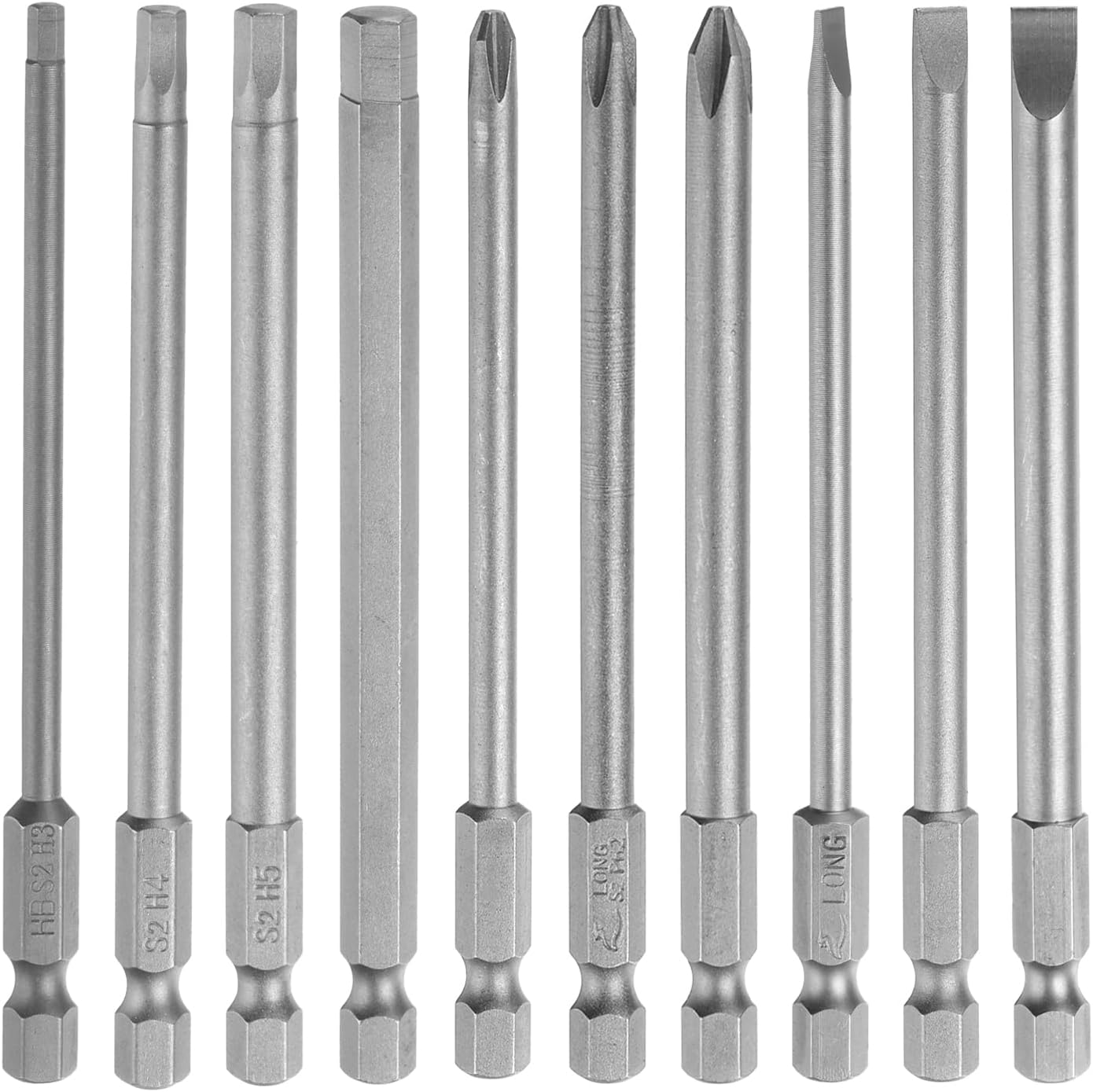 HARFINGTON 10pcs Screwdriver Bit Set SL4/5/6 H3/4/5/6 PH2(4.5/5.0/6.0) S2 Steel 1/4" Hex Shank 4" Length Magnetic Slotted Flat Phillips Cross Hex Head Power Drill Bits