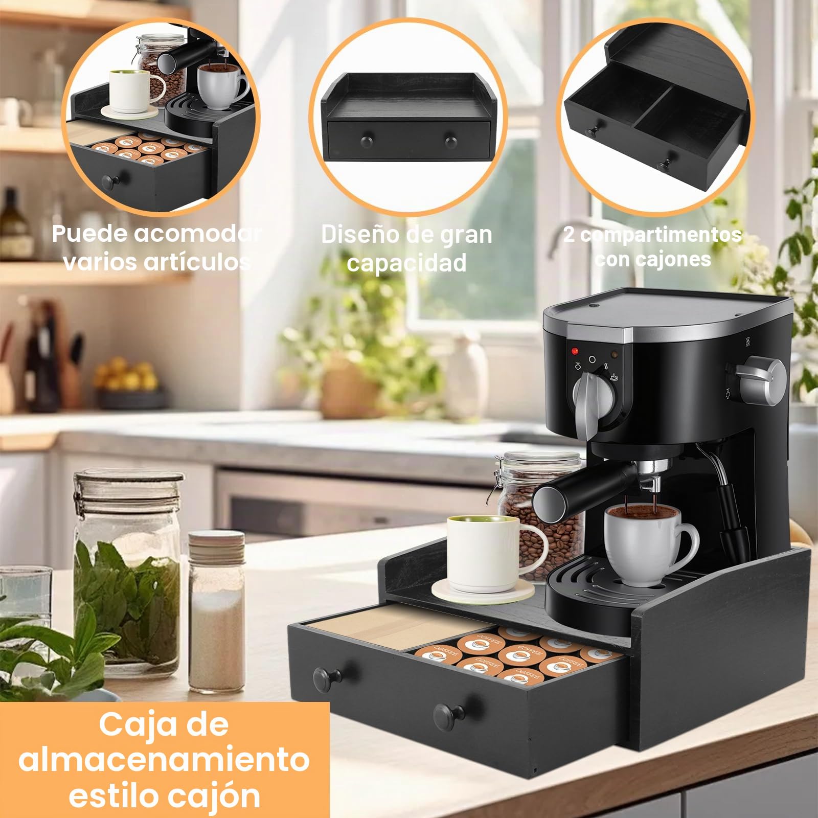 Organizador para bar de café, estación de trabajo, soporte para cápsulas con cajón para cápsulas de café, soporte para cafetera, accesorios de cocina, para café y oficina
