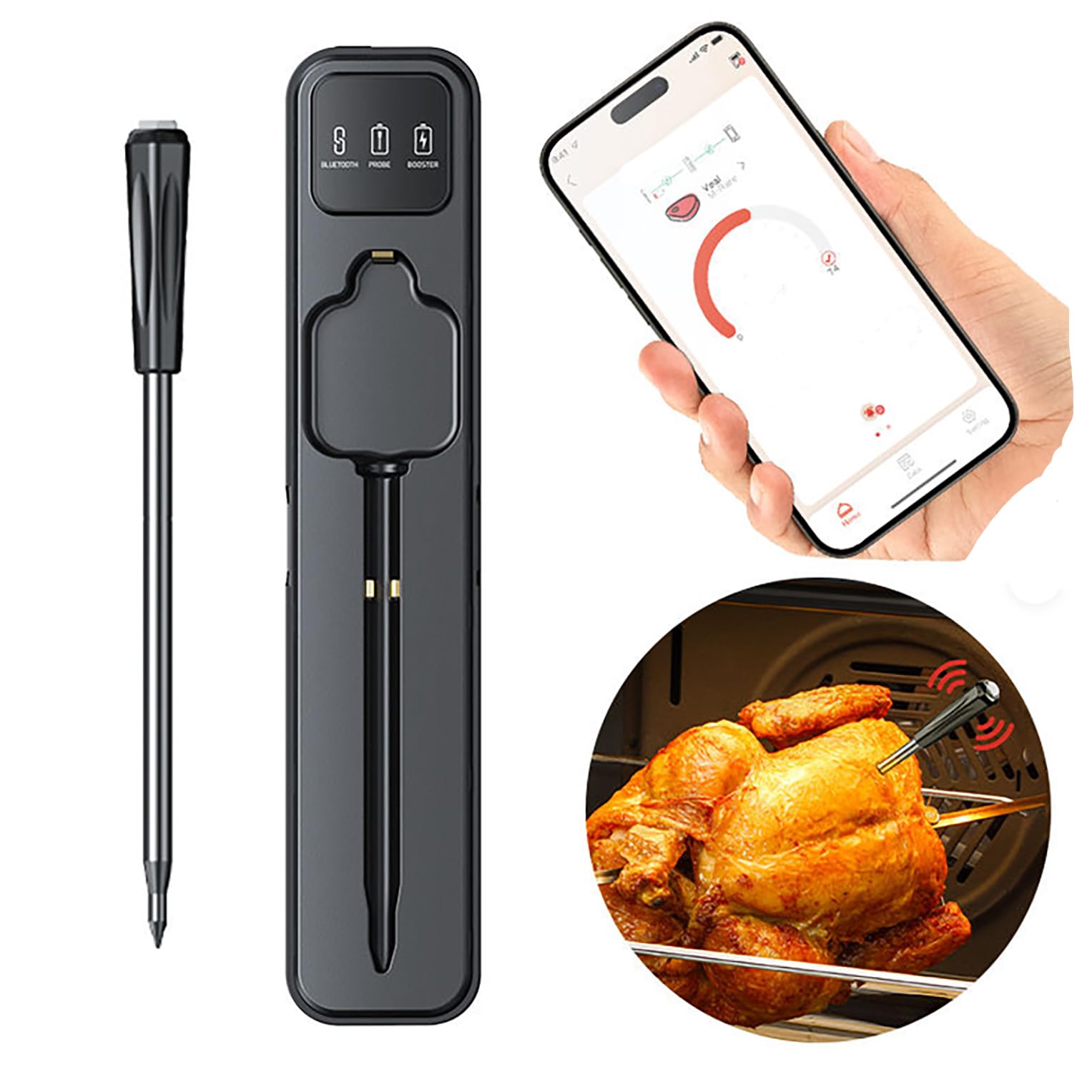 Küchenthermometer, kabellos, Bluetooth – Kochthermometer mit App Überwachung mit Timer und Alarm – IP67 wasserdicht und ölbeständig – Thermometer für BBQ, Grill, Smoker, Ofen