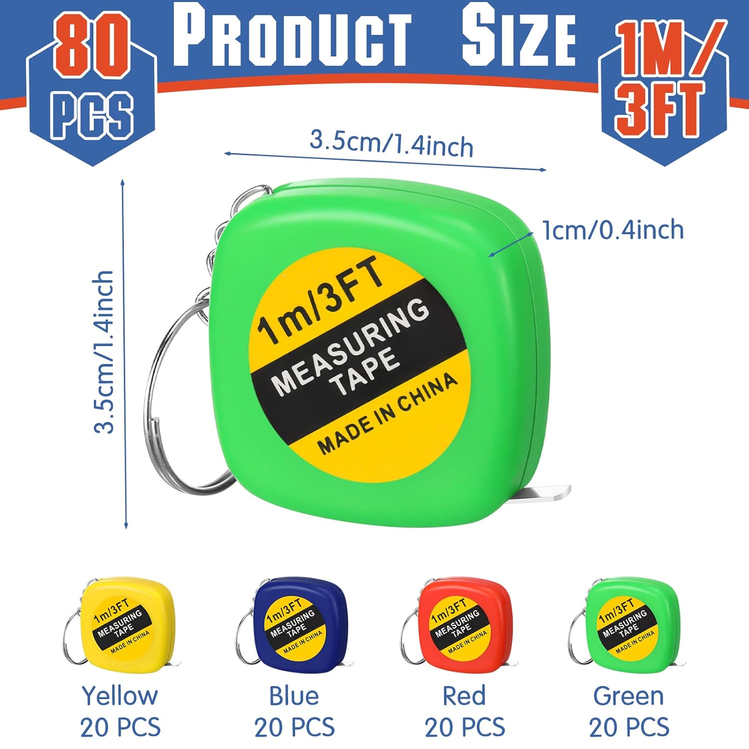 Macarrie 80 Pcs Small Tape Measure Keychains 3 Ft/ 1 M Mini Retractable Measuring Tape Bulk with Slide Lock Construction Party Favors for Prize Bag Filler DIY Projects Office Home Use, 4 Colors