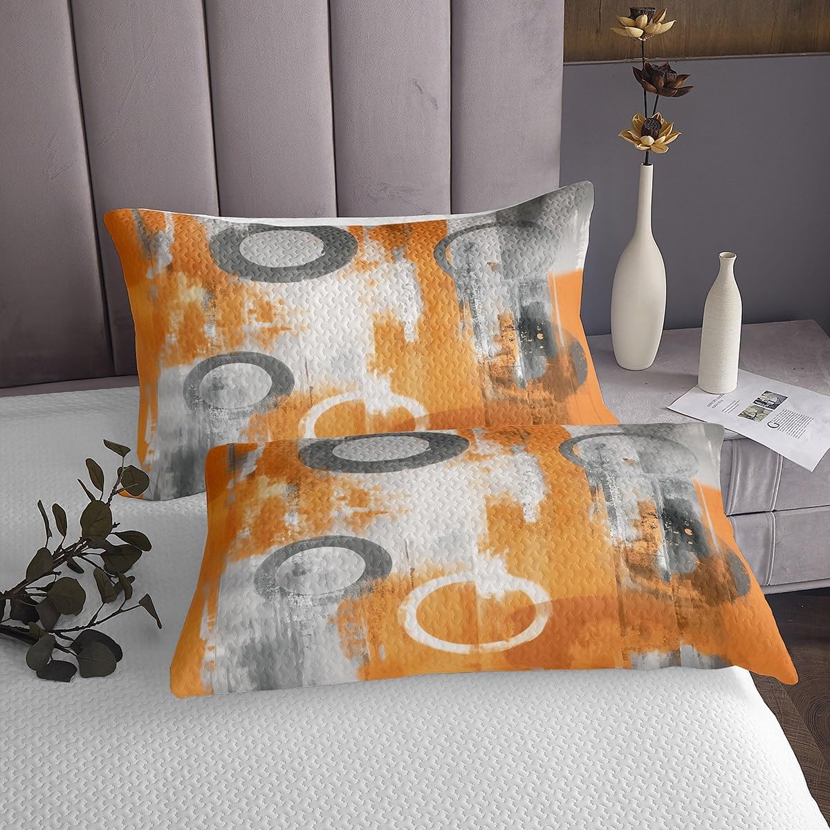 Erosebridal Orange Quilt Set Queen Graffiti Watercolor Painting Bedspread Sets for Kids Teen Adults Room Decor,Grey Orange White Ombre Coverlet Sets Watercolor Graffiti Oil Painting Bed Set