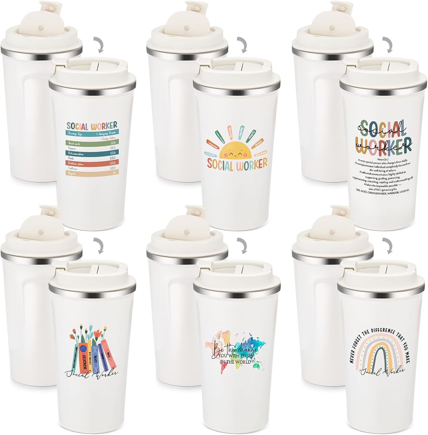 Yungyan 6 Pcs Social Work Month Gifts Social Worker Appreciation Gifts for Women Men Coworker Office Stainless Steel Insulated Tumblers Coffee Travel Mug Cup with Lid for Bsw Msw Dsw