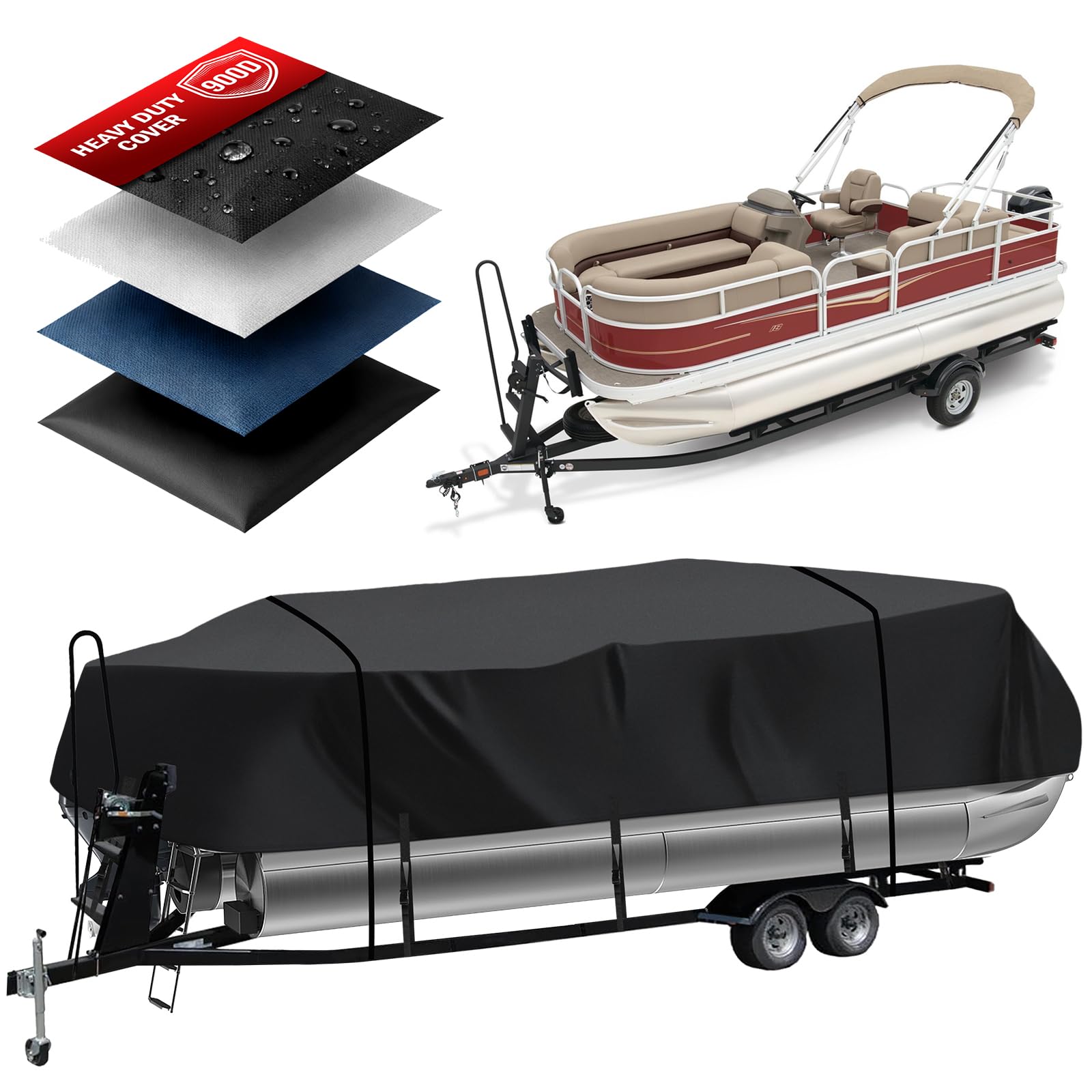 Heavy Duty 900D Pontoon Boat Cover, 16'-18'5'' Marine Grade Waterproof