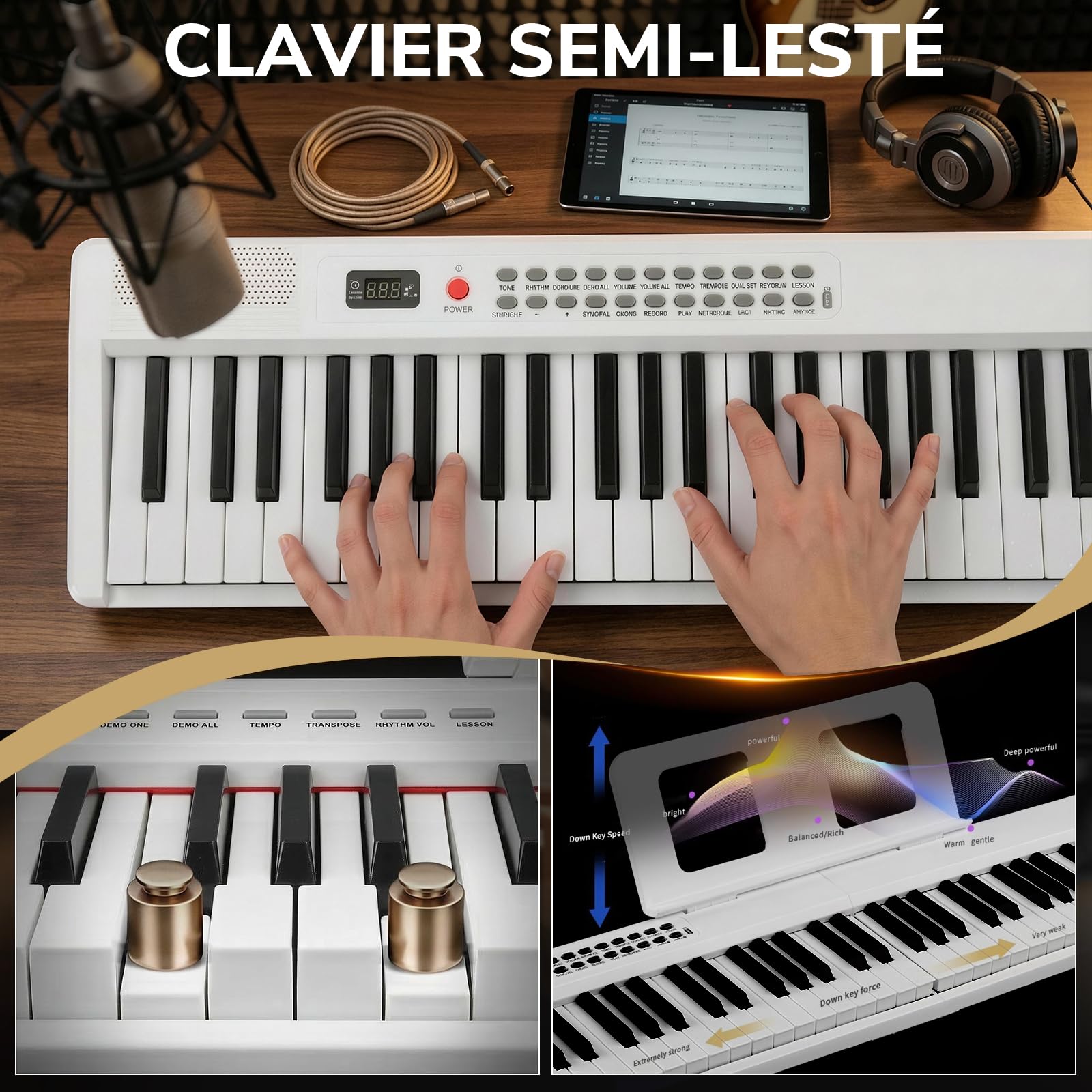 LEADZM Piano Numérique Pliable 88 Touches, Ensemble Piano Électrique Semi-Lesté, 2 Modes Bluetooth, 1000 Rythmes, 1000 Sonorités et 50 Démos pour Débutants (Blanc)