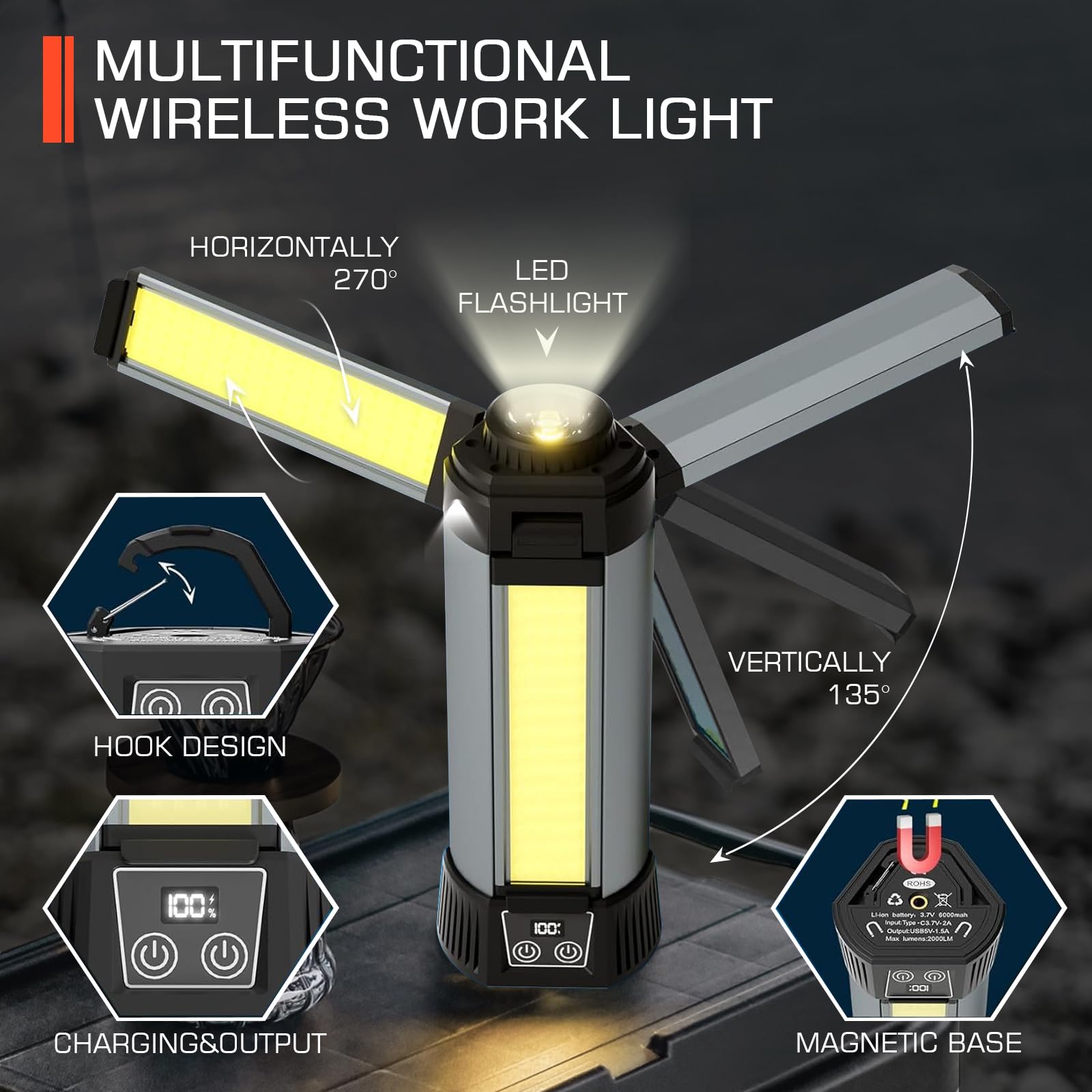 Lámpara Camping con 6000 mAh, 3 Temperaturas de Color Regulables, Superbrillante, Luz de Trabajo Inalámbrica Recargable, Con Trípode Extensible, 2000 Lúmenes, Para Camping, Reparación de Coches