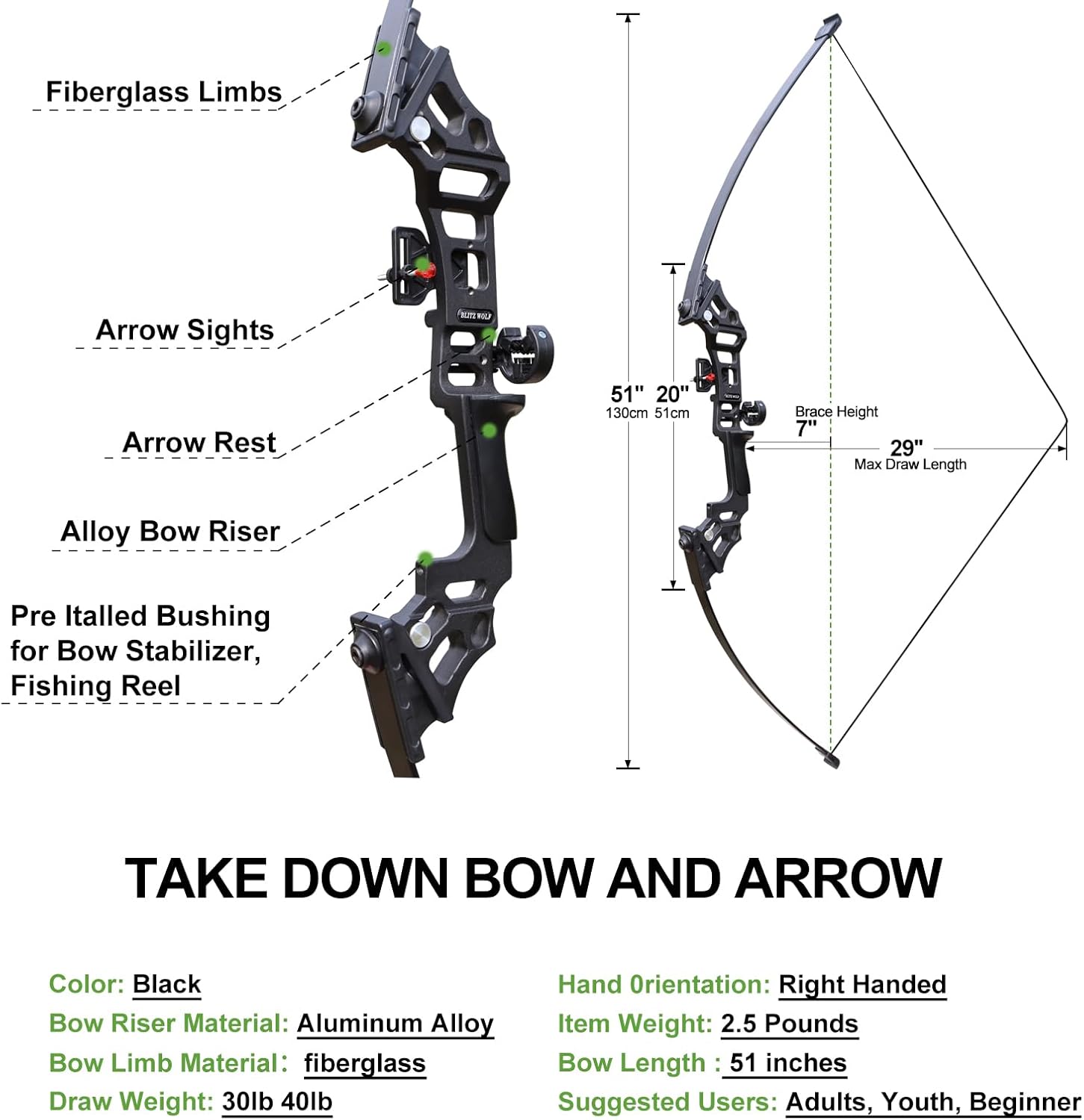 Archery Bows for Adults, Takedown Aluminum Alloy Riser Bow and Arrow Set for Adults Beginners, 30 40 Lbs Right Hand Archery Set with 12 Arrows Recurve Kit