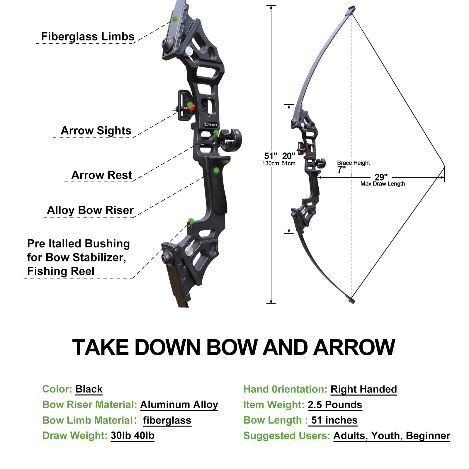 Recurvebogen Pfeil und Bogen Erwachsene Set 30lb 40lb Sportbogen Anfänger Rechtshänder Bogenschießen Jagd Langbogen mit 12 Pfeil