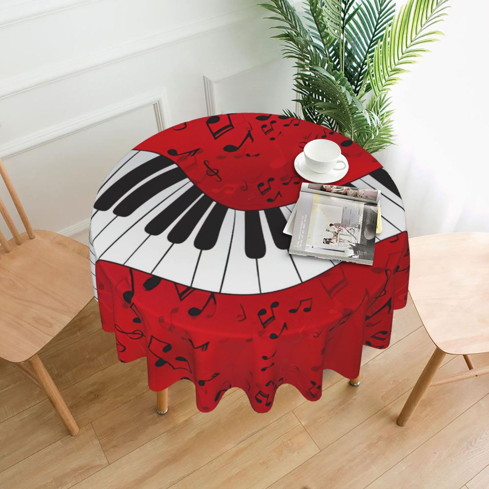 Uusnwaa Music Note Piano Print Round Tablecloth 60 Inch, Stain Wrinkle Resistant Washable Polyester Table Cover For Kitchen Party