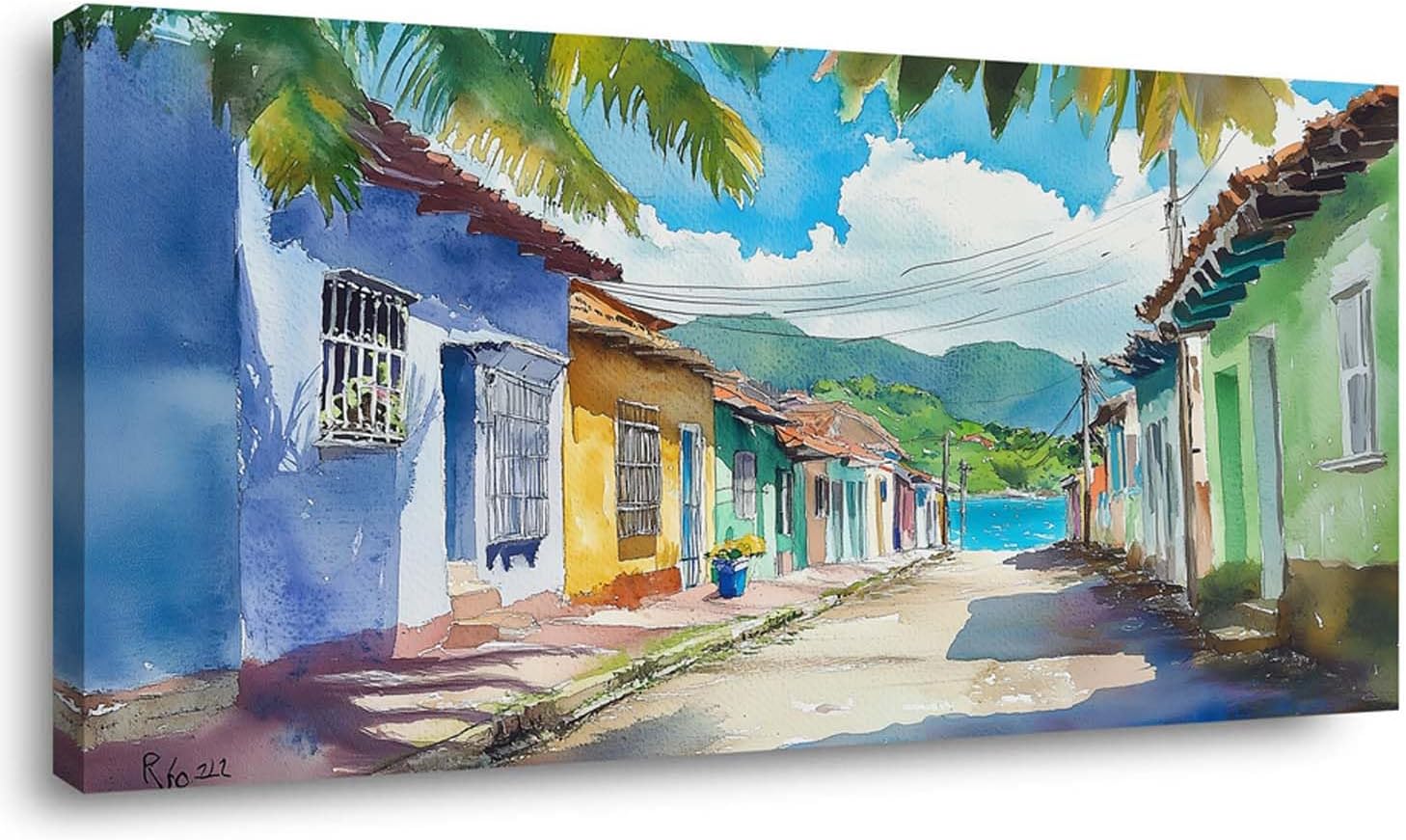 ZESTRILIA Caribbean Street Wall Art Paintings Watercolor Seaside Village Print Canvas Painting Prints Coastal Scenic Modern Artwork Office Living Room Bedroom Décor (40x20 Inches)