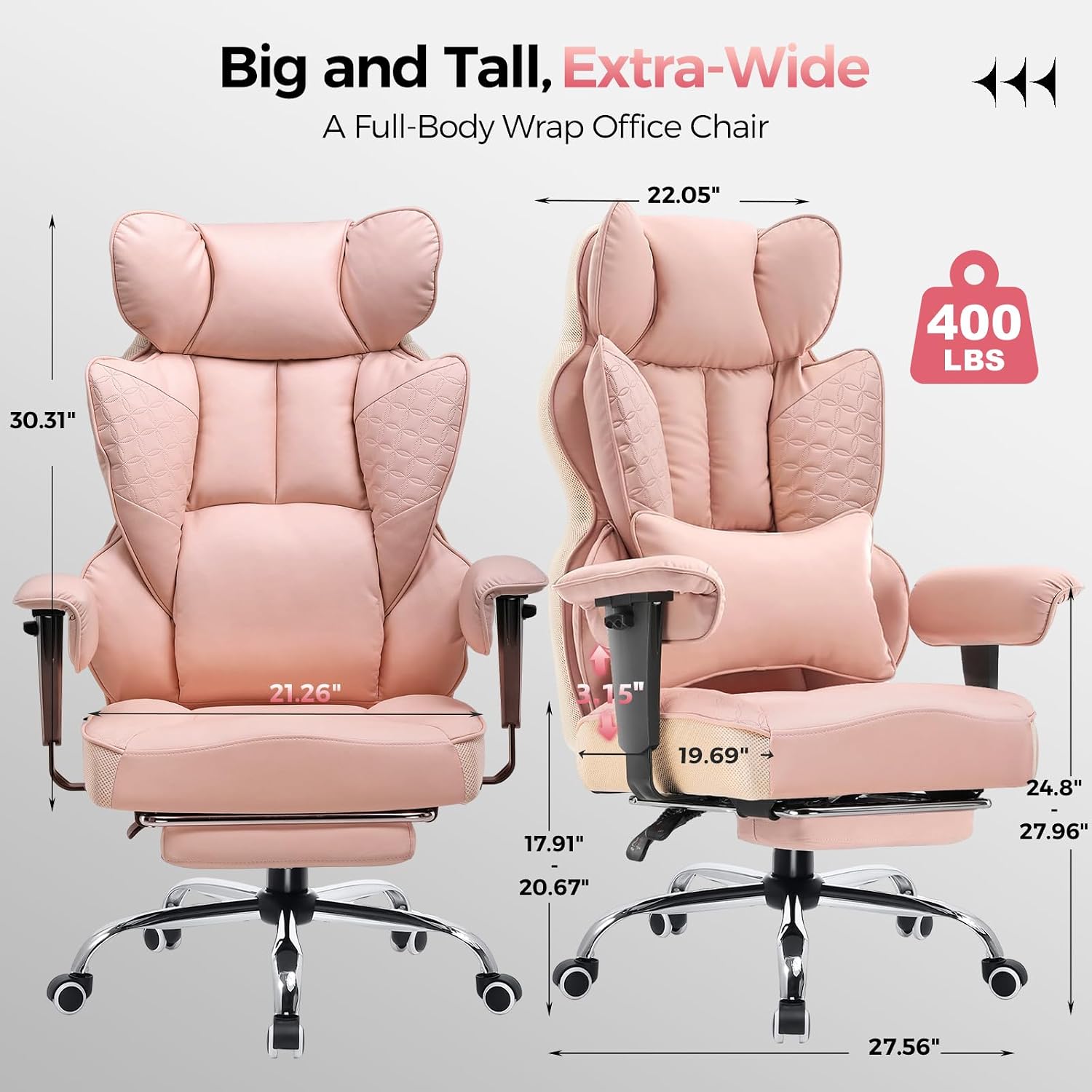 GTPLAYER Big and Tall Gaming Chair 400lbs Heavy Duty Office Chair with Foot Rest & Ergonomic Pocket Spring Lumbar Support, High Back 3D Saddle Shaped Cushion for Back Pain Relief, Pink thumbnail