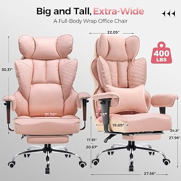 GTPLAYER Big and Tall Gaming Chair 400lbs Heavy Duty Office Chair with Foot Rest & Ergonomic Pocket Spring Lumbar Support, High Back 3D Saddle Shaped Cushion for Back Pain Relief, Pink