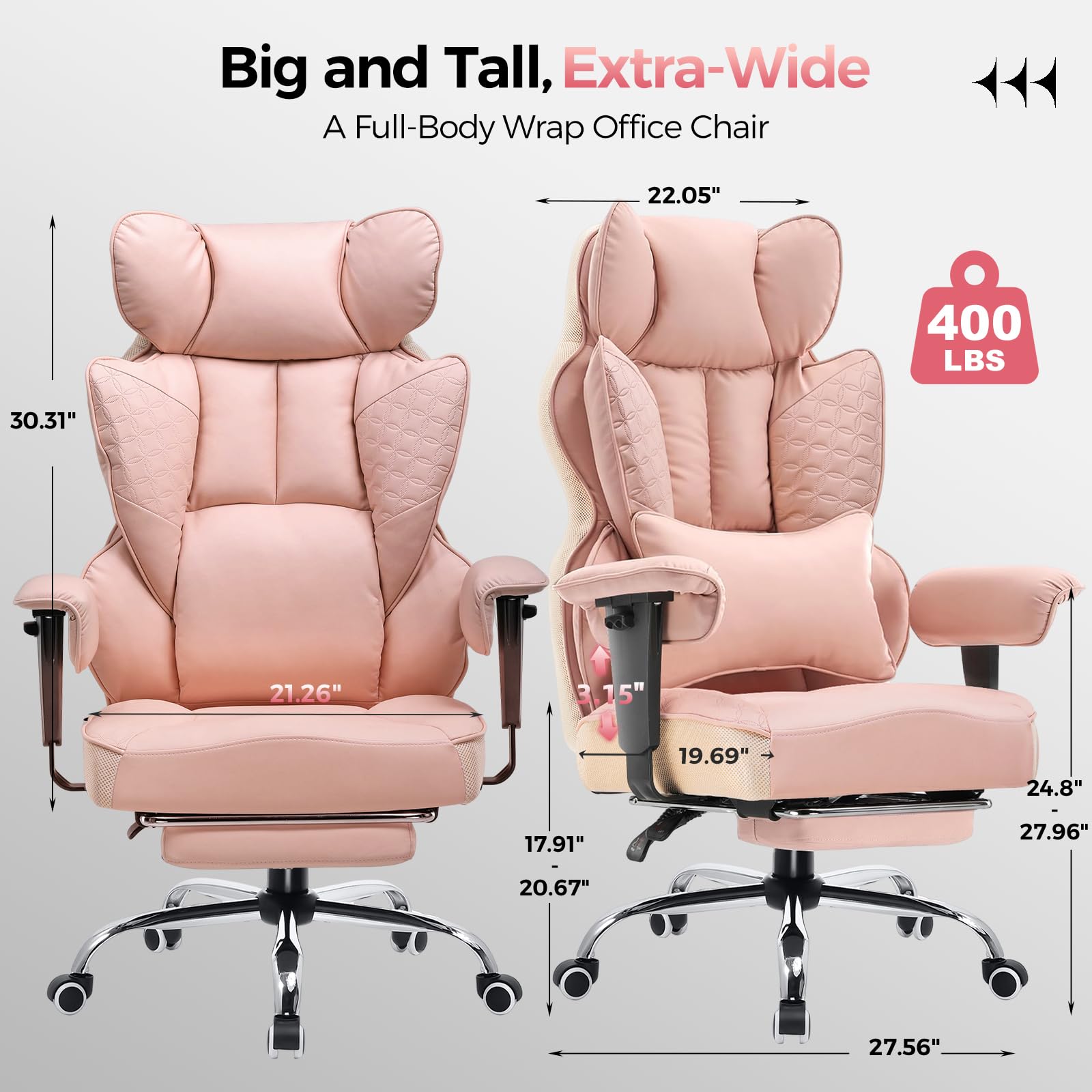 GTPLAYER Big and Tall Gaming Chair 400lbs Heavy Duty Office Chair with Foot Rest & Ergonomic Pocket Spring Lumbar Support, High Back 3D Saddle Shaped Cushion for Back Pain Relief, Pink view 2