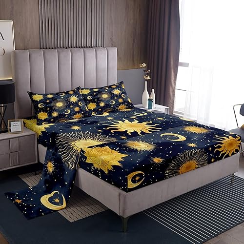 Miniatura 28 de Erosebridal Juego de sábanas de hojas de cannabis, diseño de girasol, tamaño matrimonial para niños y adolescentes, sábana bajera ajustable botánica