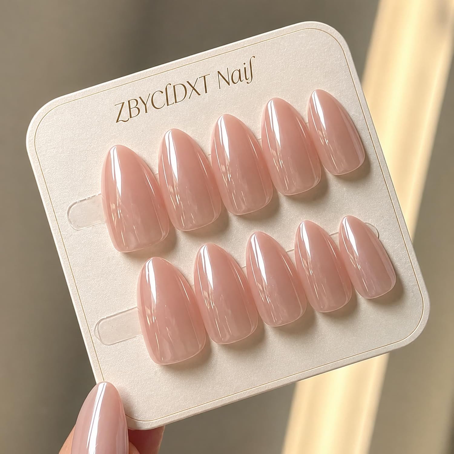 Short Almond Press on Nails, Nude Pink Mirror Chrome Finish