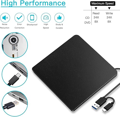 Miniatura 7 de YIUAEVL Unidad externa de CDDVD para laptop grabador de DVD -RW reproductor de CDDVD portátil unidad óptica de CD ROM lector de CDDVD convertidor