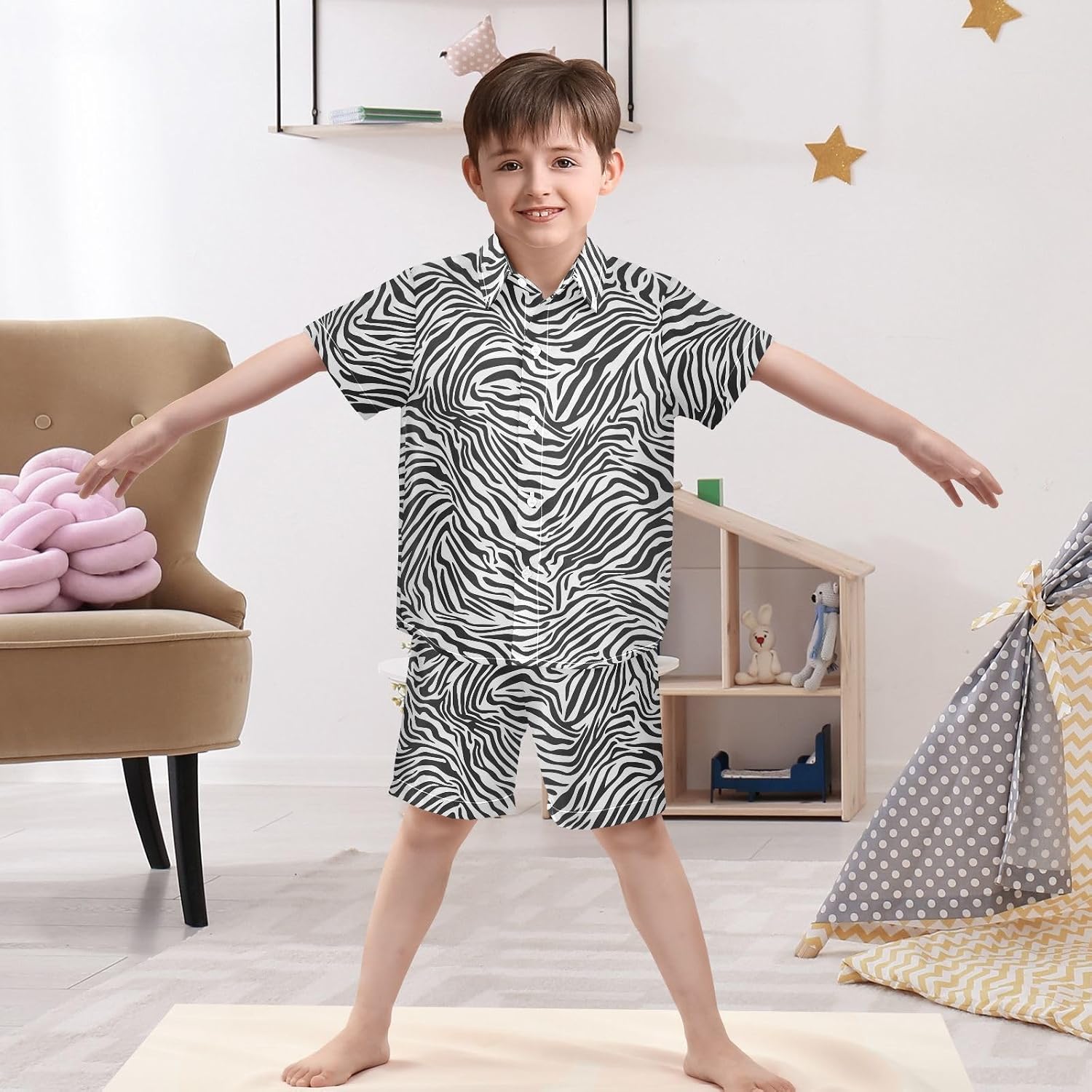 Black White Zebra Print Short Sleeve Hawaiian Button Down Shirts and Short Sets for Boys Toddler Summer Outfits