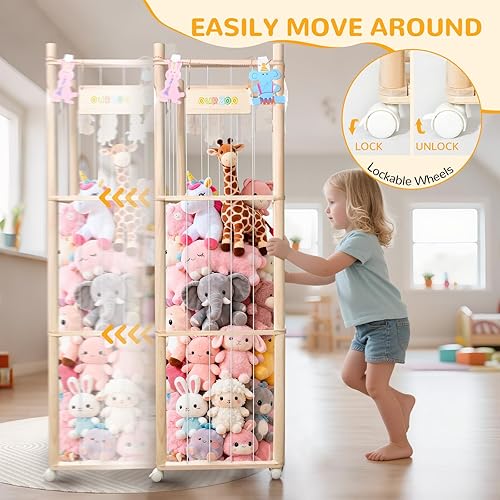 Miniatura 5 de Almacenamiento de animales de peluche, organizador de almacenamiento de juguetes de madera con ruedas, organizador de juguetes de ahorro de espacio,