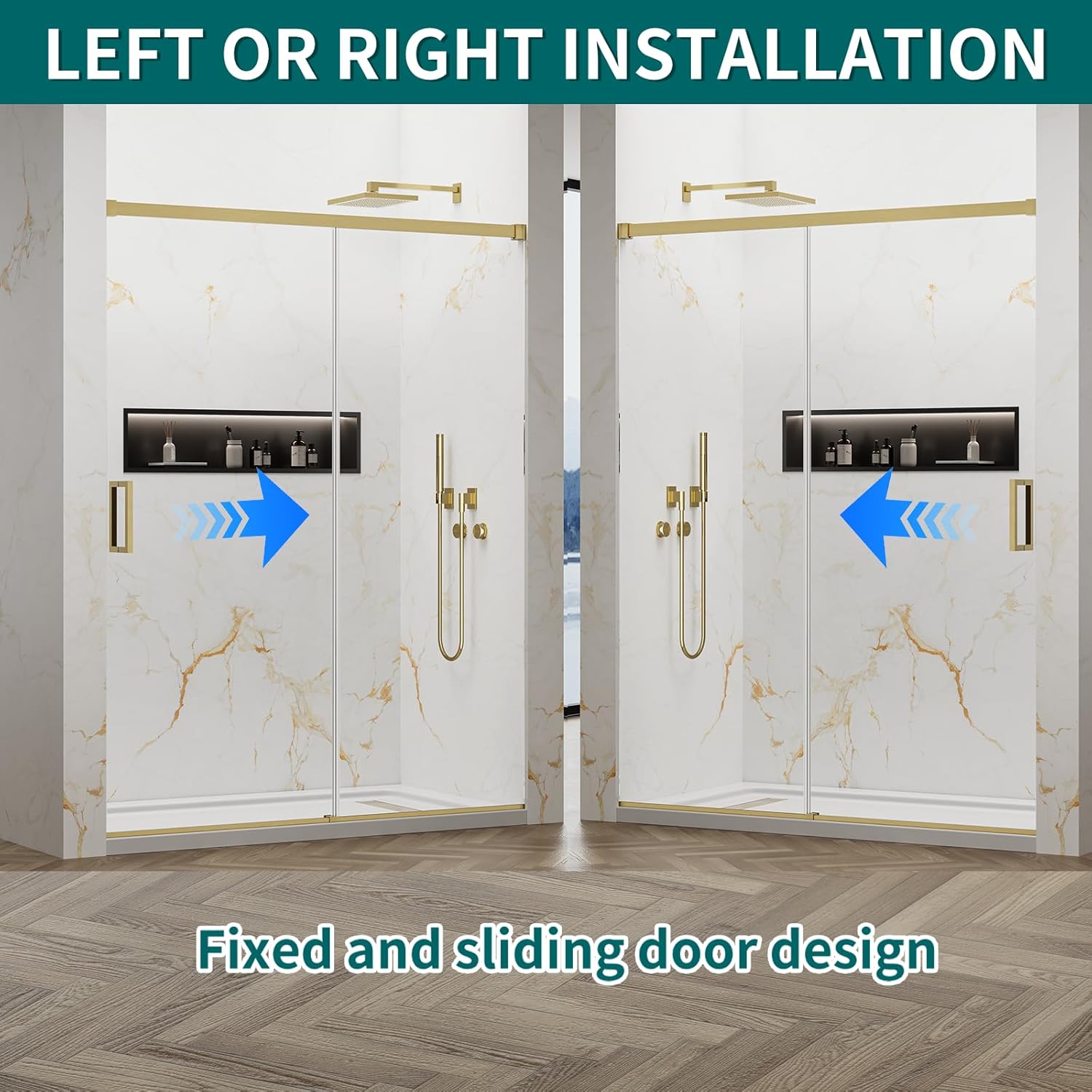 Frameless Shower Door, 56-60" W × 76" H, 5/16" (8mm) Tempered Glass, 304 Stainless Steel Hardward, Single Sliding Glass Door for Walk-in Bathroom, Dual Nano Coated - Brushed Gold