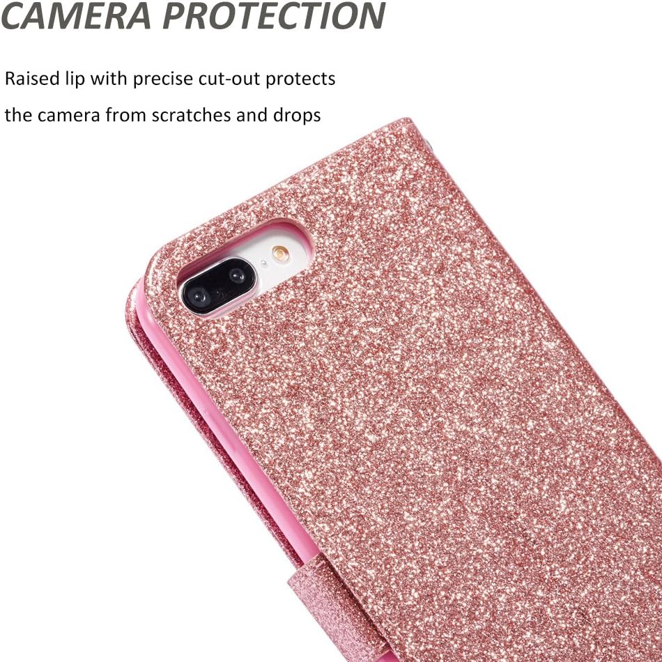 UEEBAI Wallet Flip Case for iPhone 6 Plus 6S Plus, Premium Glitter Glossy PU Leather Case with Diamond Buckle [Card Slots] [Magnetic Clasp] Stand Function Gems Strap Handbag Soft TPU Cover -Rose Gold