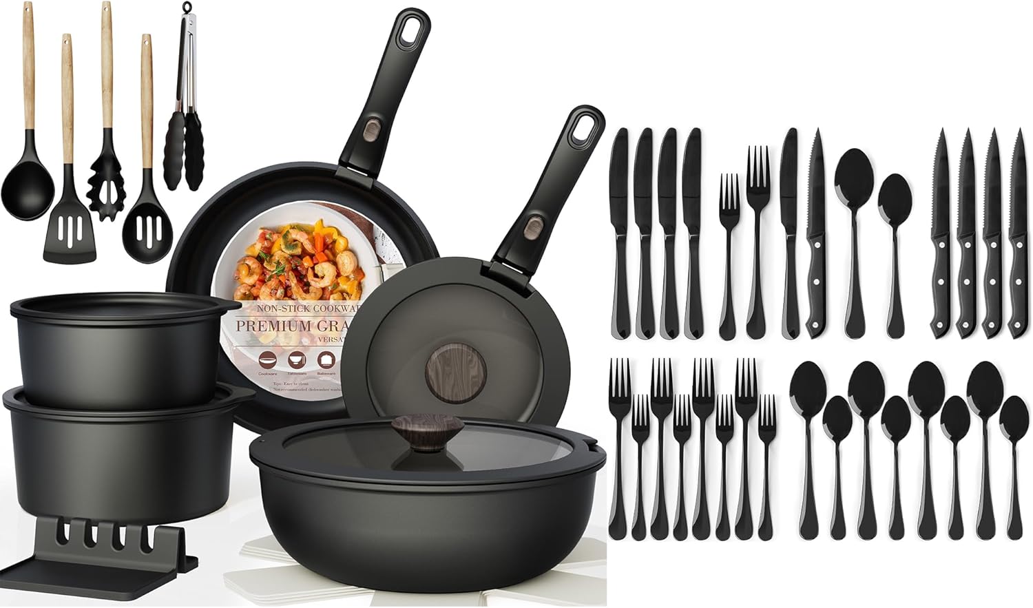 Astercook 21 Pcs Pots and Pans Set Non Stick with 24 Piece Black Silverware Set with Steak Knives