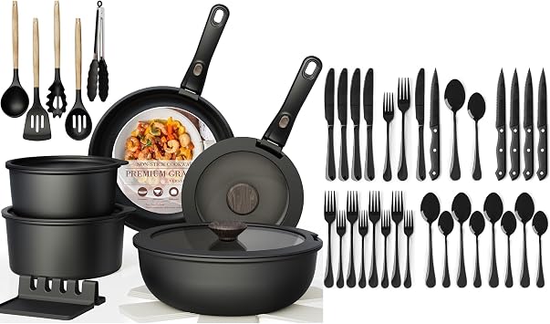 Astercook 21 Pcs Pots and Pans Set Non Stick with 24 Piece Black Silverware Set with Steak Knives