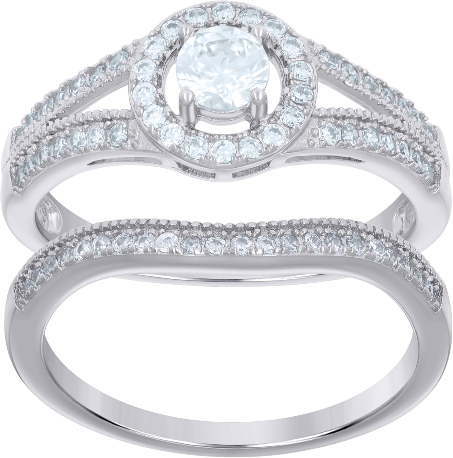 Sterling Silver Women's Cubic-Zirconia Duo Bridal Anniversary Engagement Wedding Ring Set
