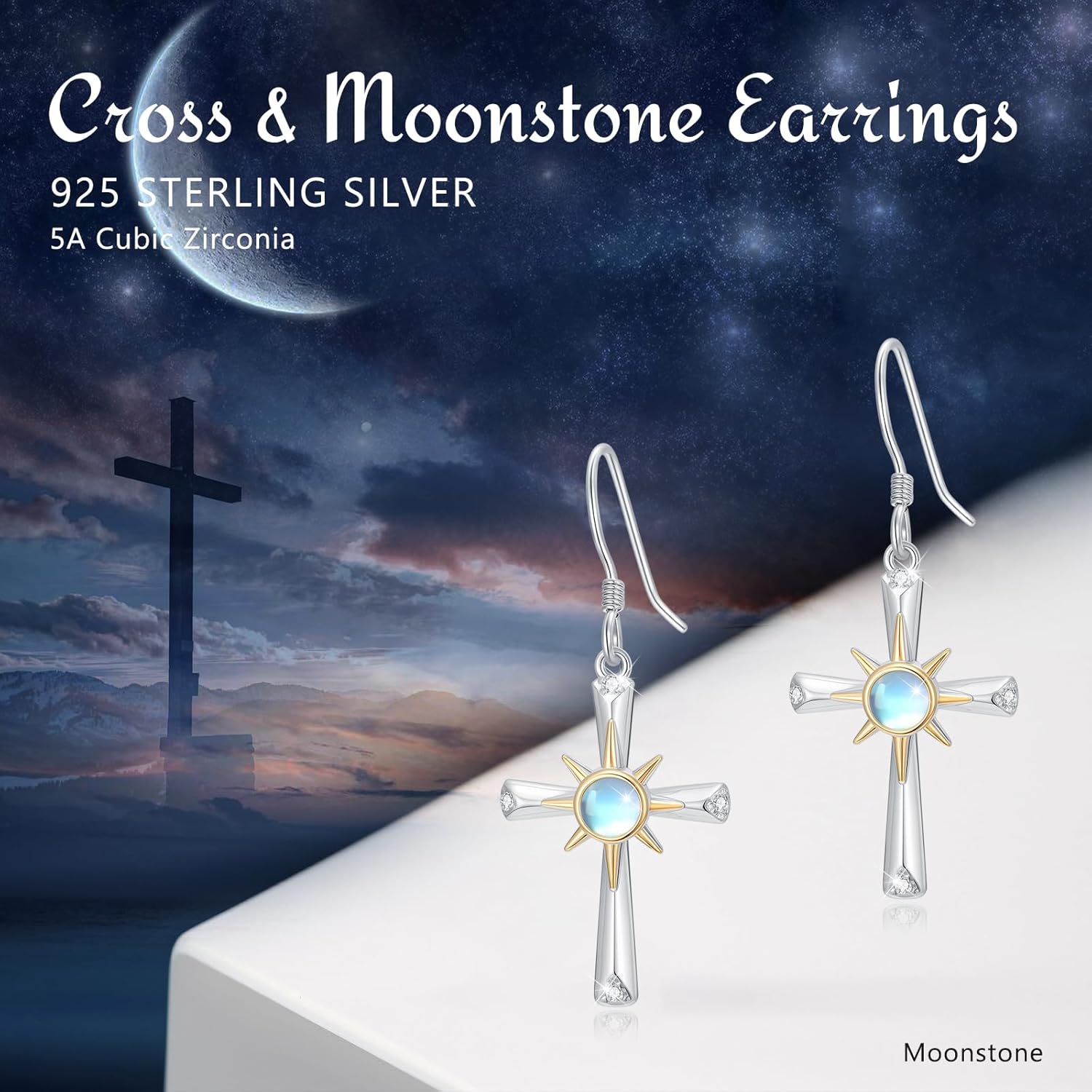 Star Earrings for Women 925 Sterling Silver Star Dangling Drop Earrings with Moonstone/Zircon Jewelry Gifts for Women - Image 6