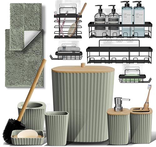 Miniatura 7 de Clara Clark Juego de Baño - Juego de Accesorios de Baño Verde Salvia, Juego de Accesorios de Baño de 6 Piezas, Juegos de Baño con Cepillo de Verde