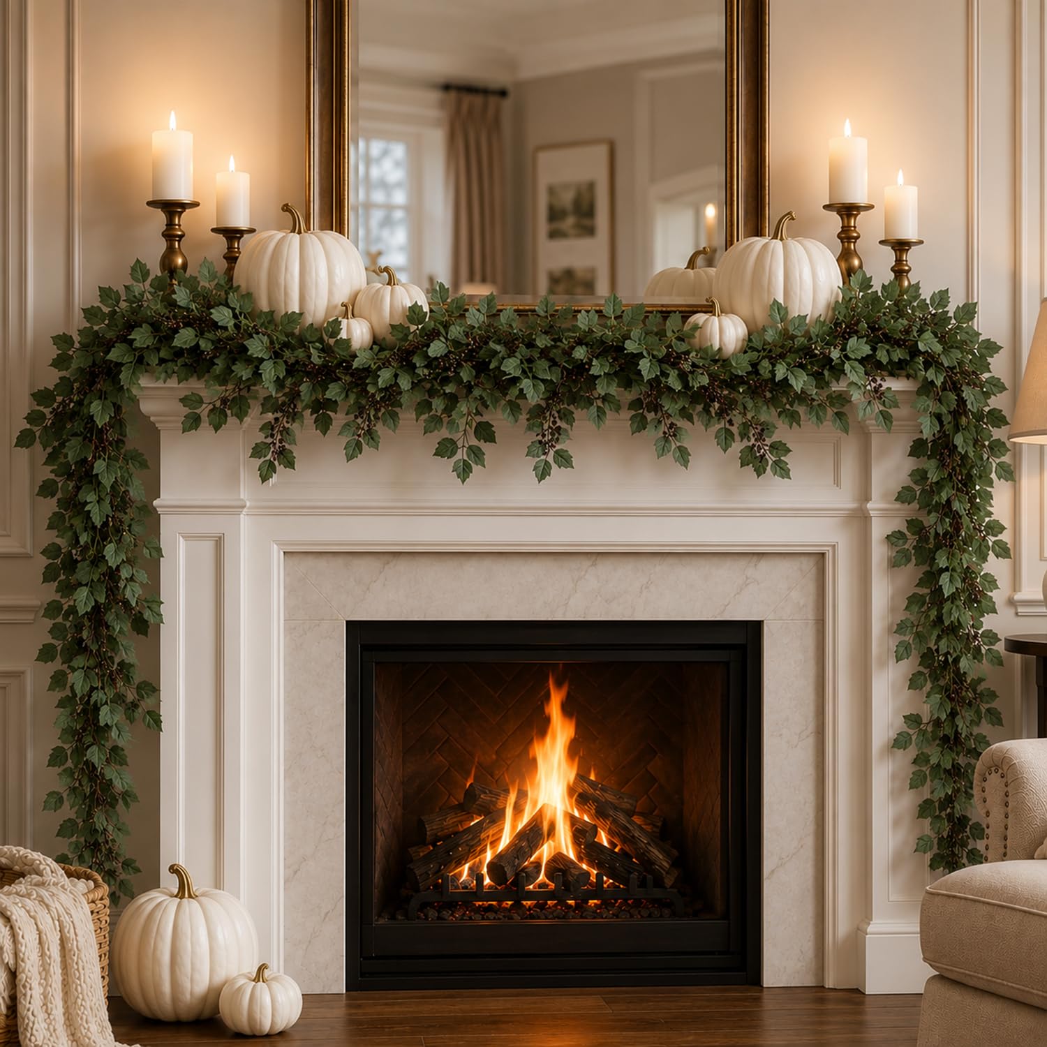 2 Pcs 6FT Artificial Fall Garland, Full Dark Autumn Leaf Garland (green)