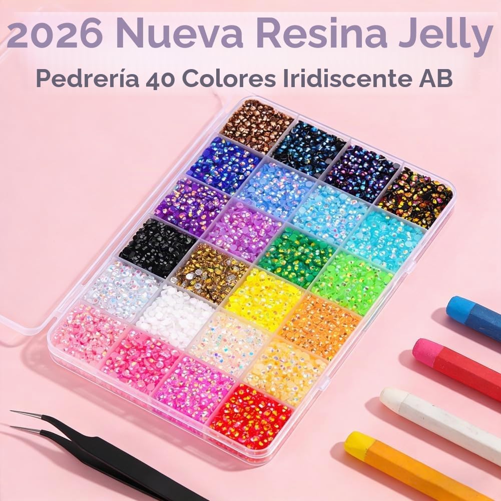 Kit deslumbrante con pegamento, 32000 diamantes de imitación con parte trasera plana para manualidades, juego de gemas de uñas de resina de 40 colores con bolígrafo de recogida, pinzas, kit de inicio