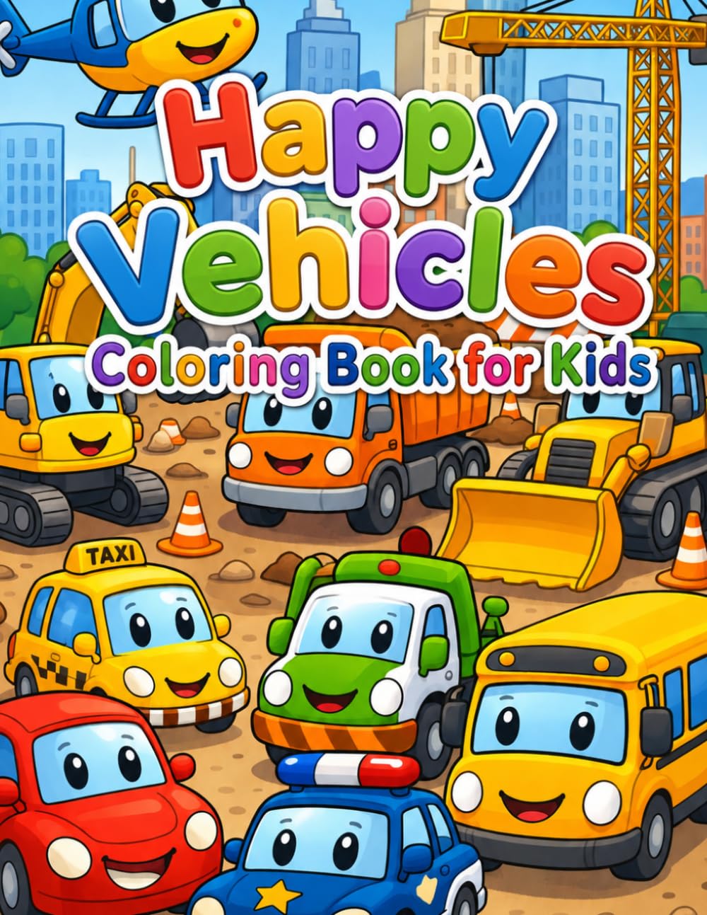 Happy Vehicles Coloring Book for Kids Ages 3-8: Fun Cars, Trucks, and Things That Go for Toddlers