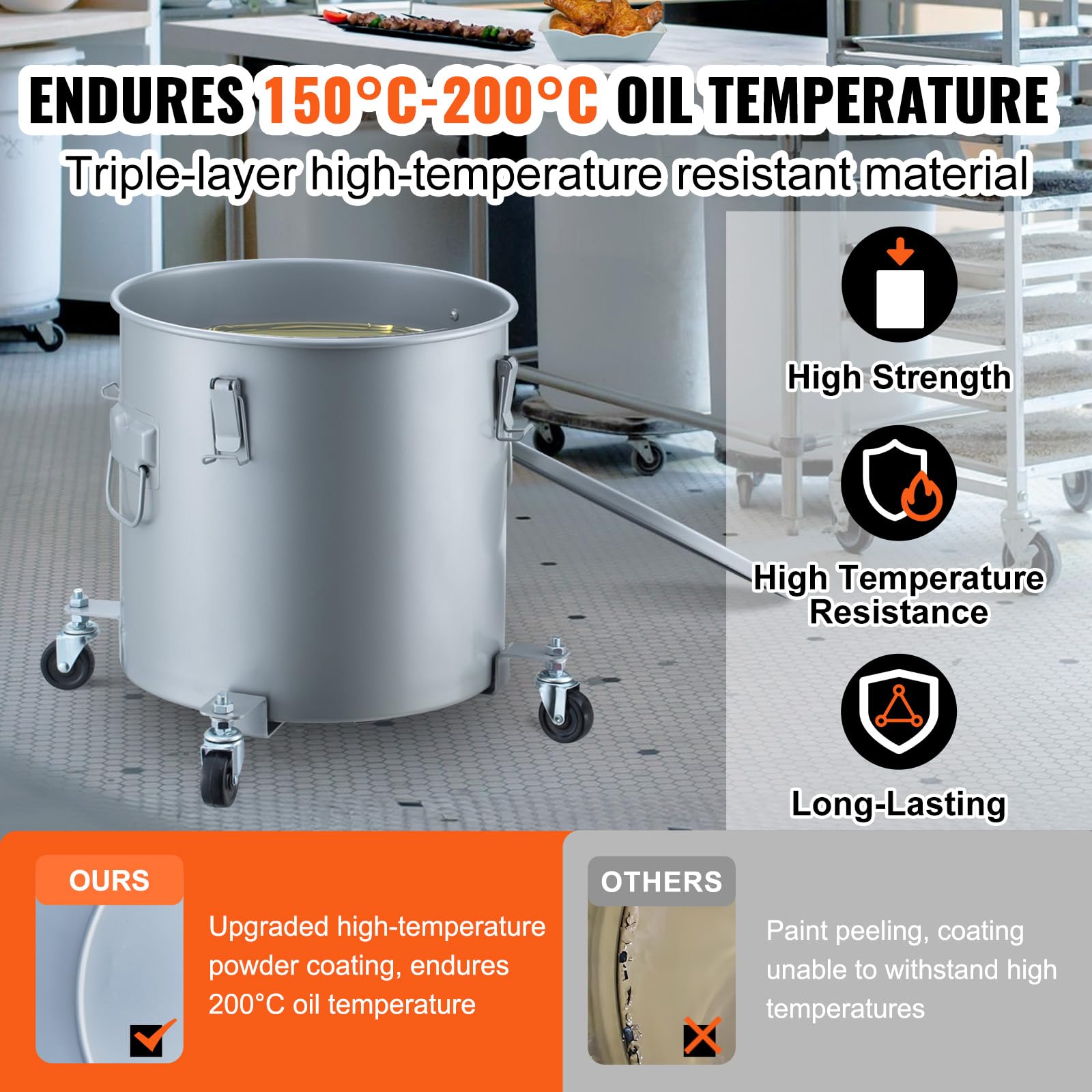 VEVOR Collecte Huile et Graisse Usagées sur Roulettes, 37,8 L, Fut de Récupération d'Huile pour Friteuse en Acier au Carbone, Récipient d'Huile avec Couvercle, Pinces de Verrouillage, Sac Filtrant