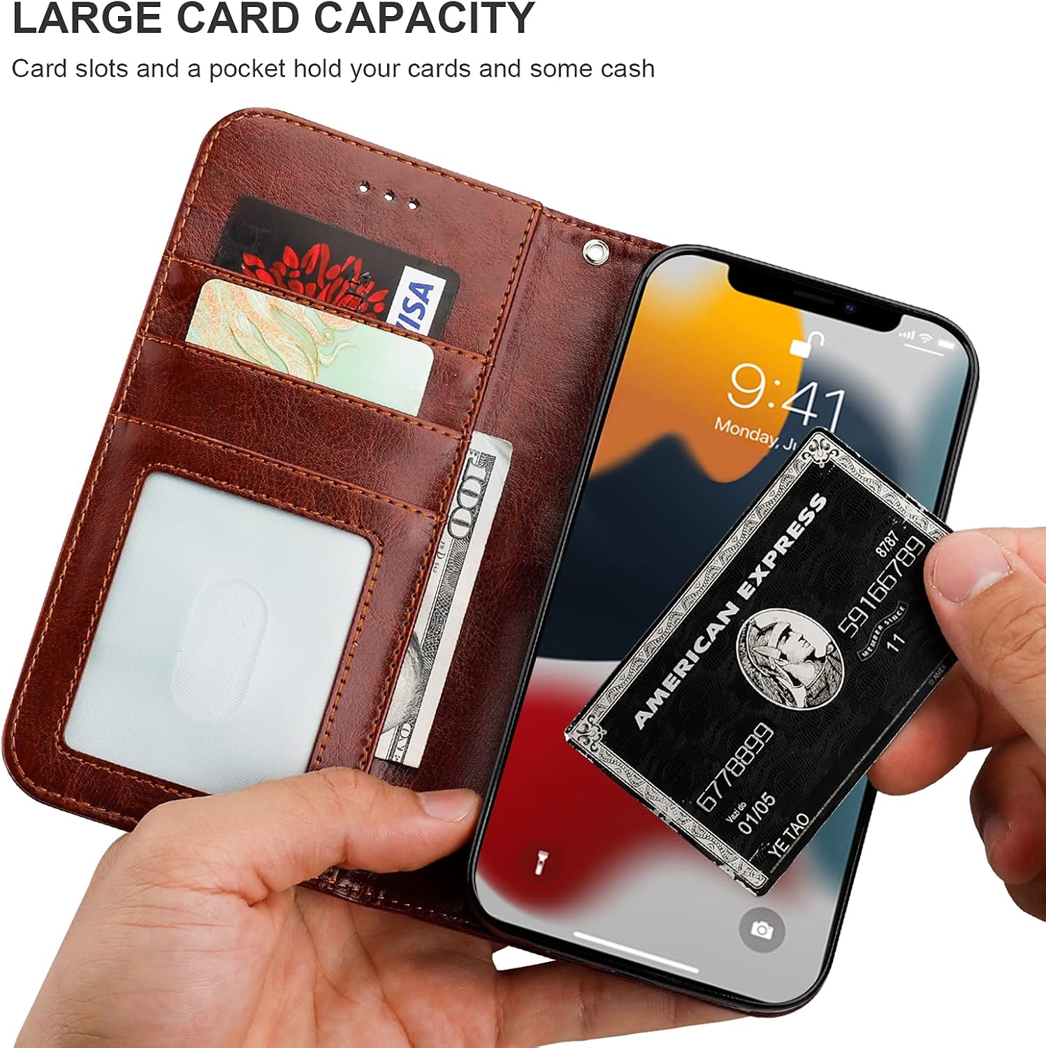 Bocasal Detachable Wallet Case for iPhone 13 Pro RFID Blocking Card Slots Holder Premium PU Leather Magnetic Kickstand Shockproof Wrist Strap Removable Flip Protective Cover 5G 6.1 inch (Brown) - Image 6