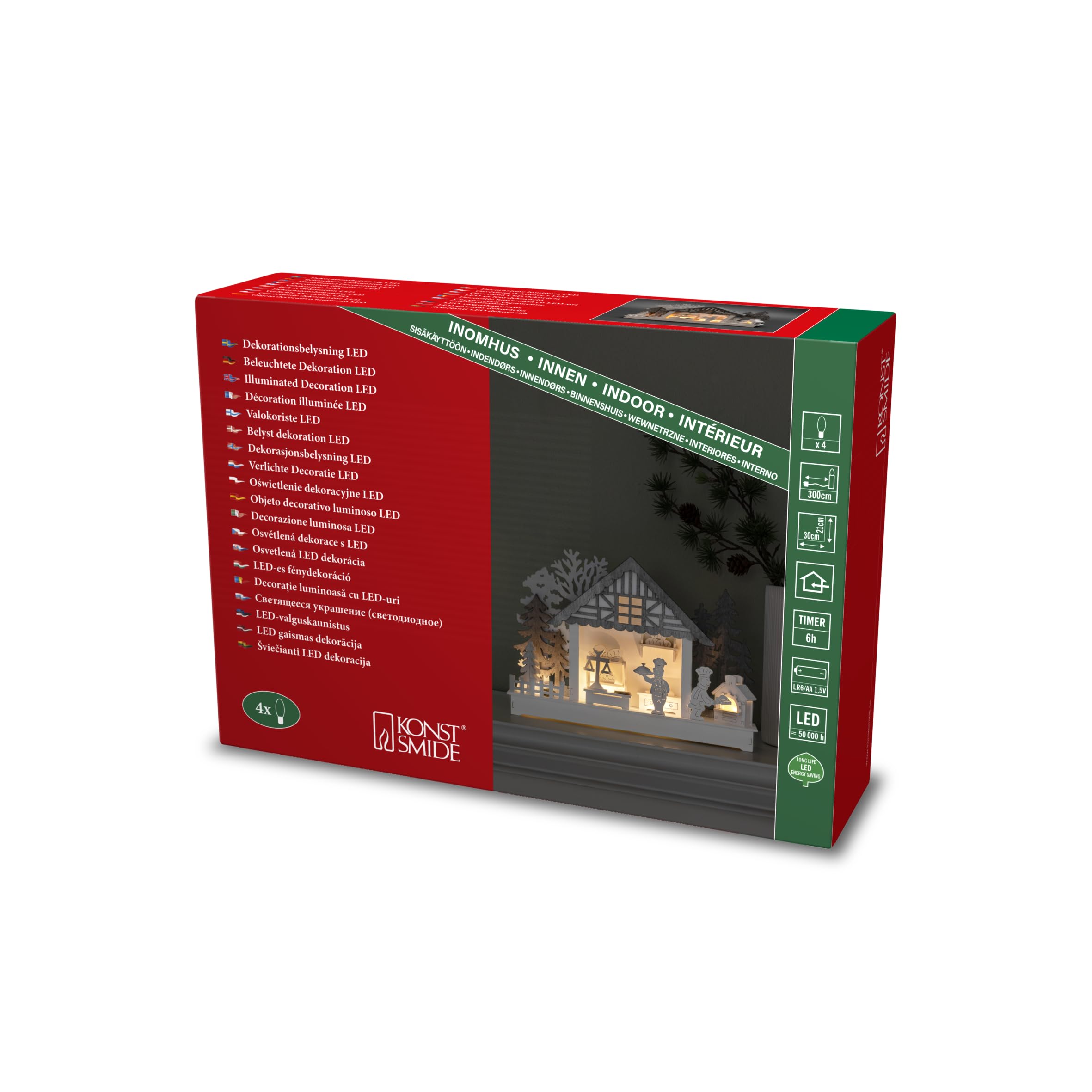 Konstsmide Silhouette en bois à LED, blanc, « maison et boulangerie », minuterie 6H, 4 diodes blanc chaud, à piles, intérieur, Câble transparent - 3262-210