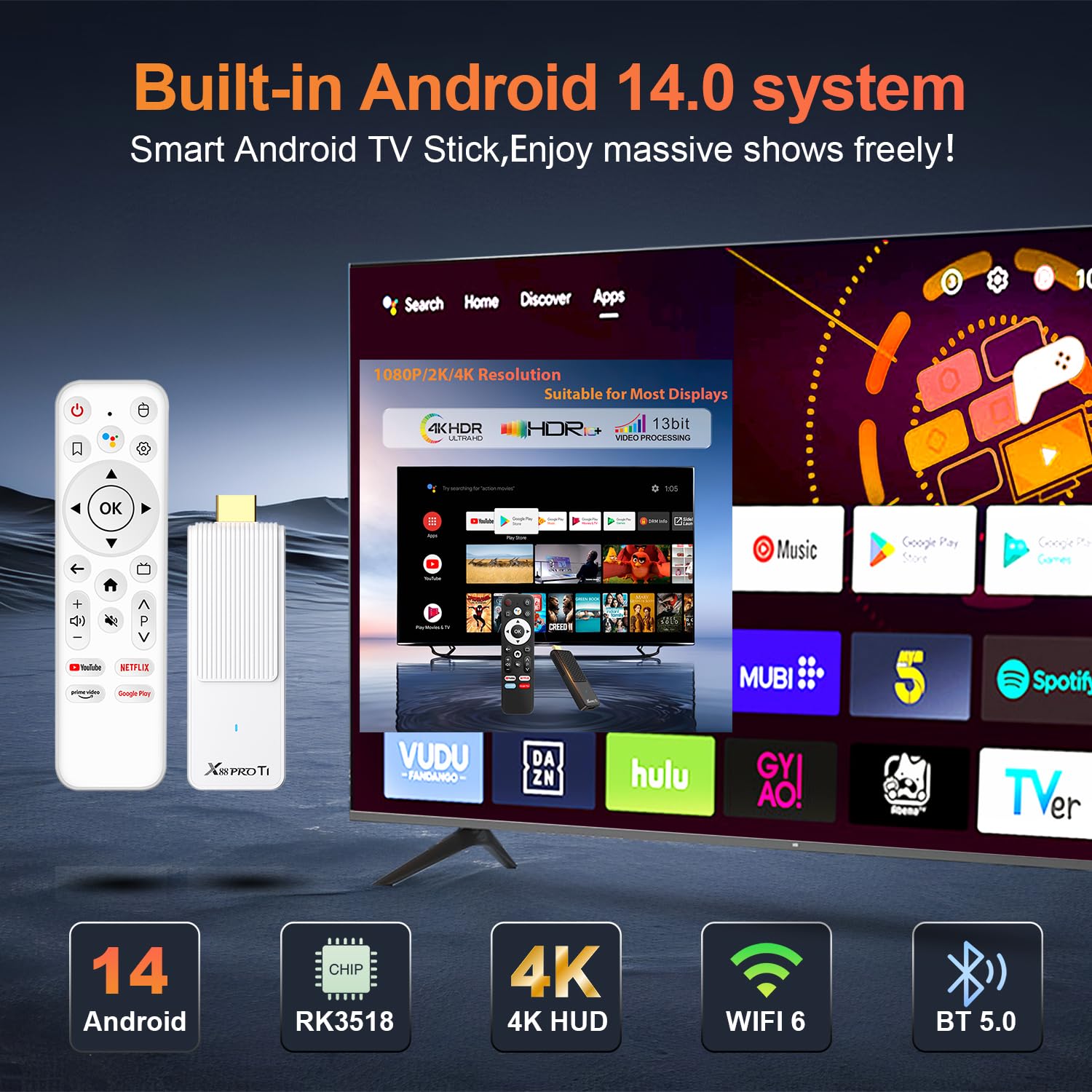 Clé TV Android 14.0, Ultra 4K HD Android Box Smart TV Stick avec télécommande vocale 2 Go de RAM 16 Go de ROM Puce RK3518 Double WiFi 6 2.4 et 5.8 Bluetooth 5.0 HDR10 Support vidéo et audio Blanc 2026