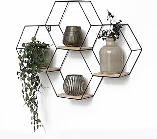 IVOL Wabenförmiges Wandregal aus Metall 4 Holzböden - 40,5 x 58 cm - Schwarz - Hängend Wandregal für Wohnzimmer - Wohnzimmer Regal Wanddeko Hexagon