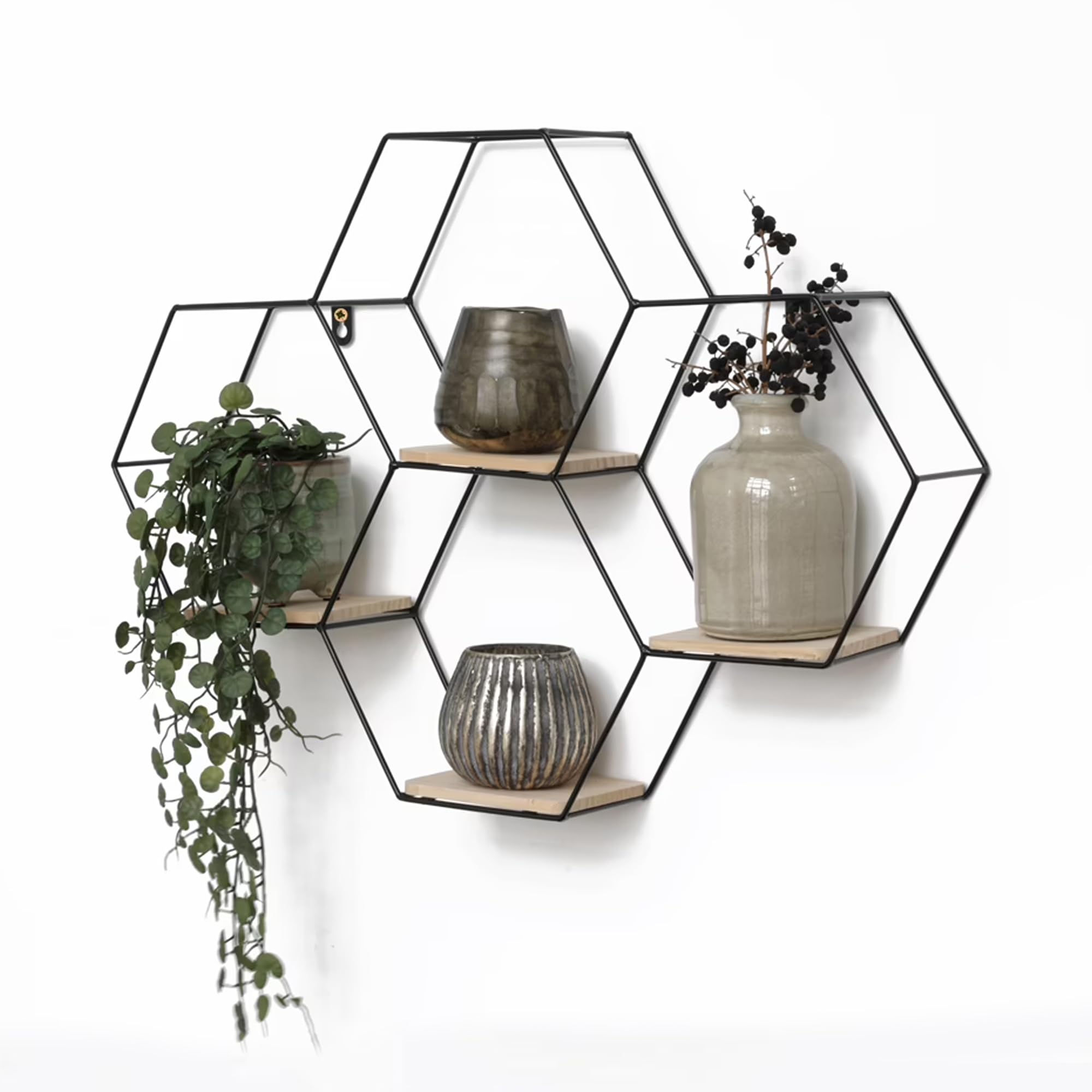 Vivol IVOL Waben Wandregal Schwarz 40,5x58 cm, Hexagon Metall Wandregal mit 4 Holzböden, hängendes Dekoregal, modernes Wohnzimmer Regal für Wanddeko, Schlafzimmer, Flur, Büro & stilvolle Deko
