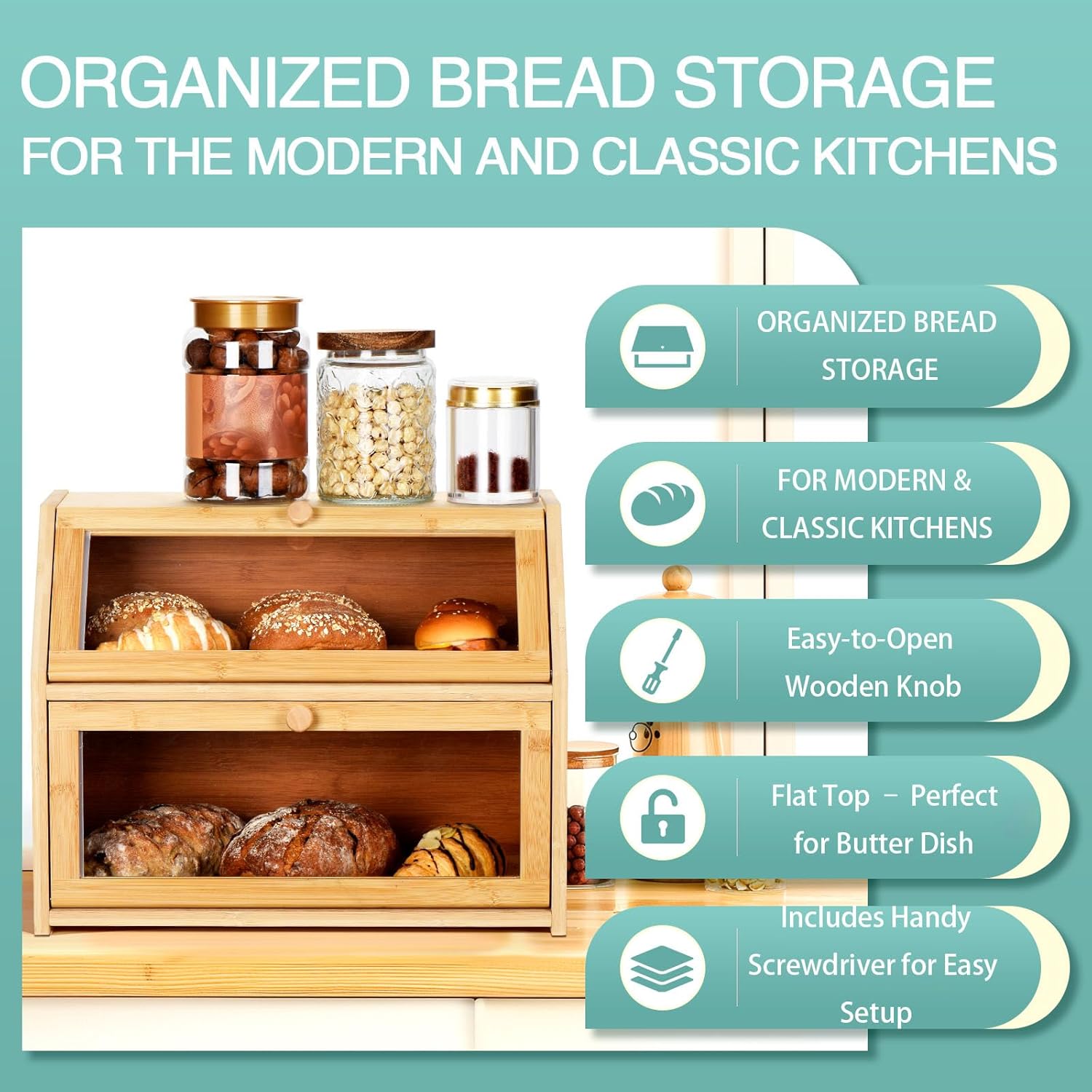 Bread Box for Kitchen Countertop, Large Double Layer Bamboo Bread Storage Box with Clear Door, Includes 20 Bread Bags & Labels, Farmhouse Kitchen Storage Organizer (Natural Bamboo)
