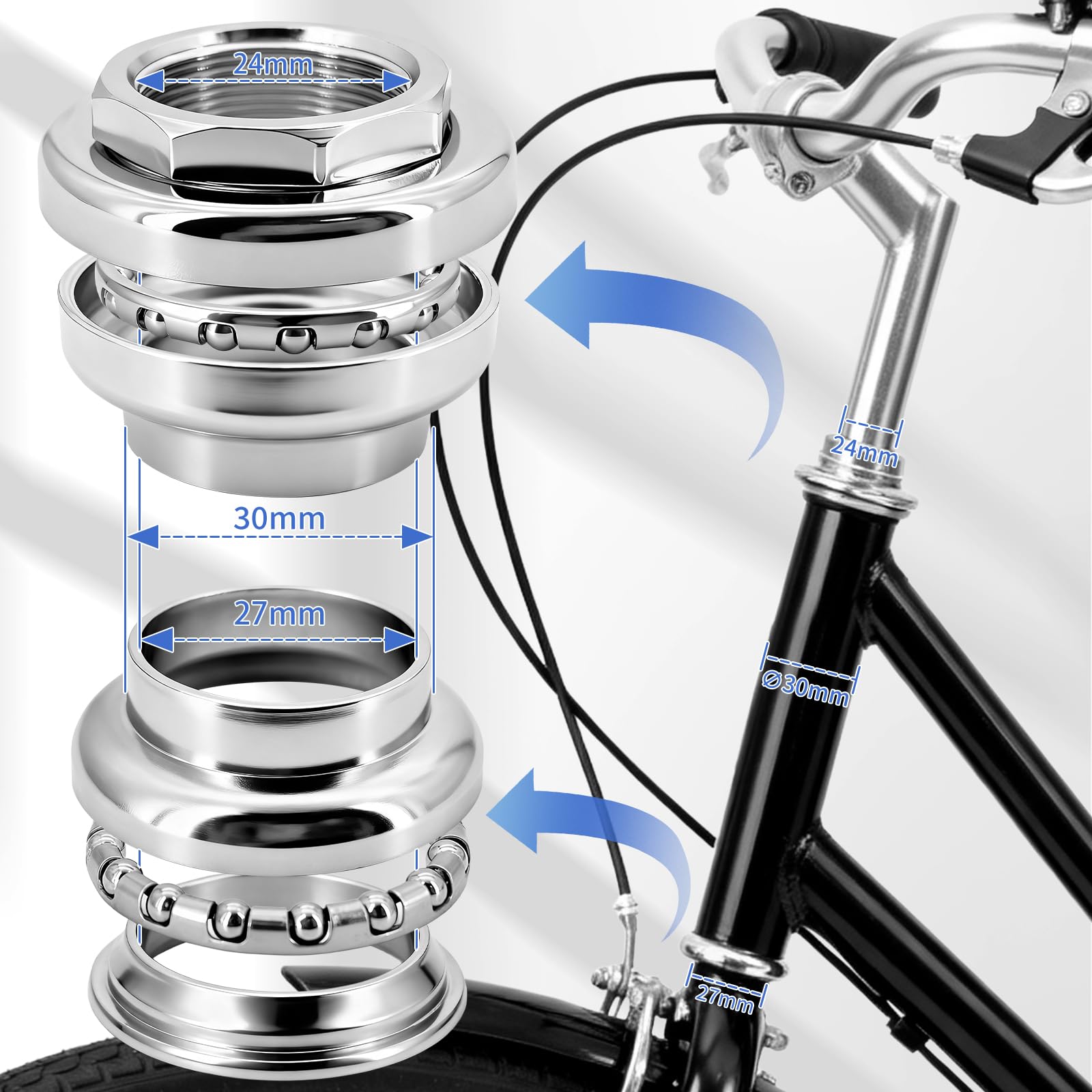Serie sterzo per Forcella Bici – Set Gioco di sterzo Bici con Cappuccio filettato e Cuscinetti a Sfere, Ricambio per citybike/MTB/Bici retrò, Ideale per sostituire Serie Bici sterzo usurate