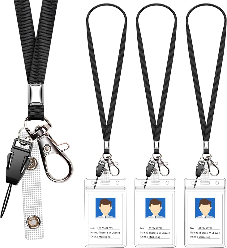 Paquete de 3 cordones para el cuello con soporte para tarjeta de identificación, cordones para correa de oficina, negro | Gancho giratorio de metal inoxidable para etiquetas de nombre, portatarjetas y llaveros