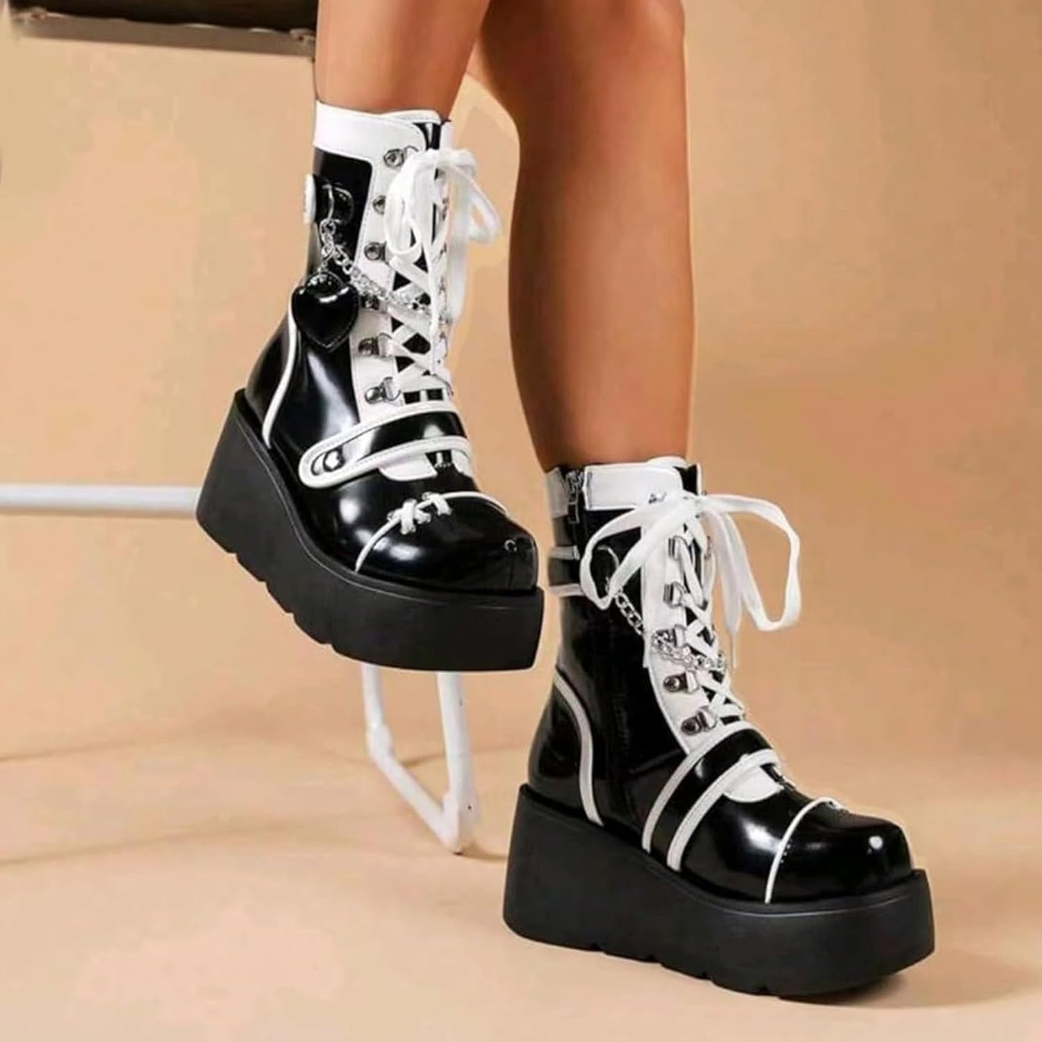 SHEMEE Cute Wedge Platform Biker Boots for Women Y2k Punk Riding Motorcycle Boots Chunky High Heels Zipper Lace Up Combat Ankle Boots