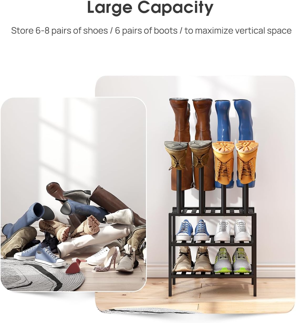 viewcare Black Boot Rack, Small Boot Rack Organizer Tall Boots with Shoe Rack for Closet, Bamboo Wood Shoe Shelf Storage Organizer for Entryway Small Space