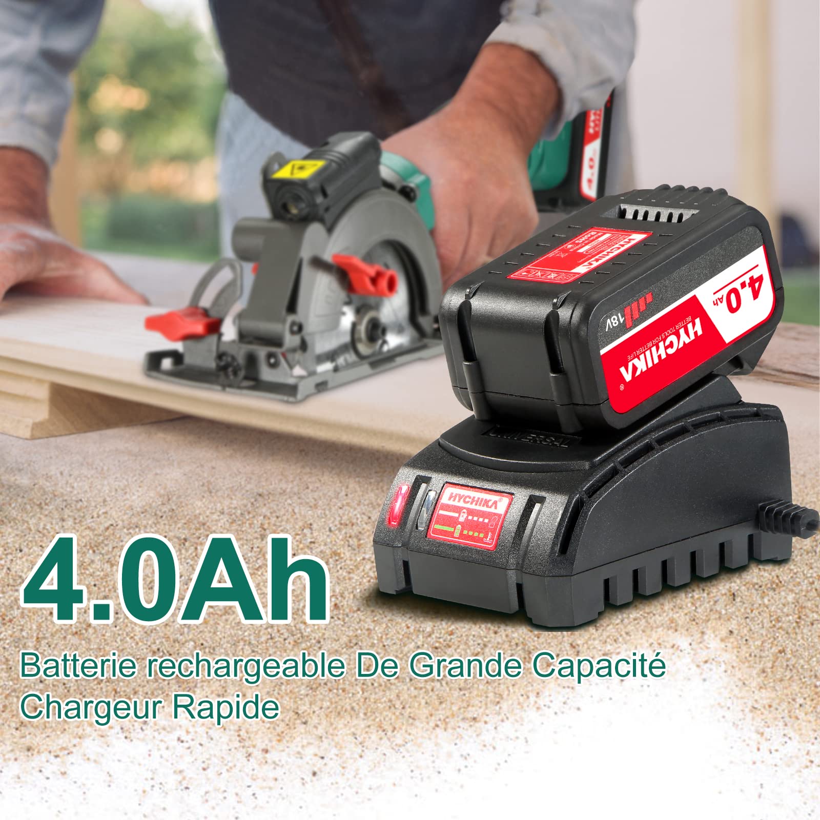 HYCHIKA Scie Circulaire Sans Fil 18V, 4.0Ah Li-ion Batterie 3500RPM Petite Scie Circulaire, 3 Lames(115 et 125mm), Guide Laser, Max Profondeur de Coupe 48mm(90°), 32mm(45°) pour Couper du Bois Métal